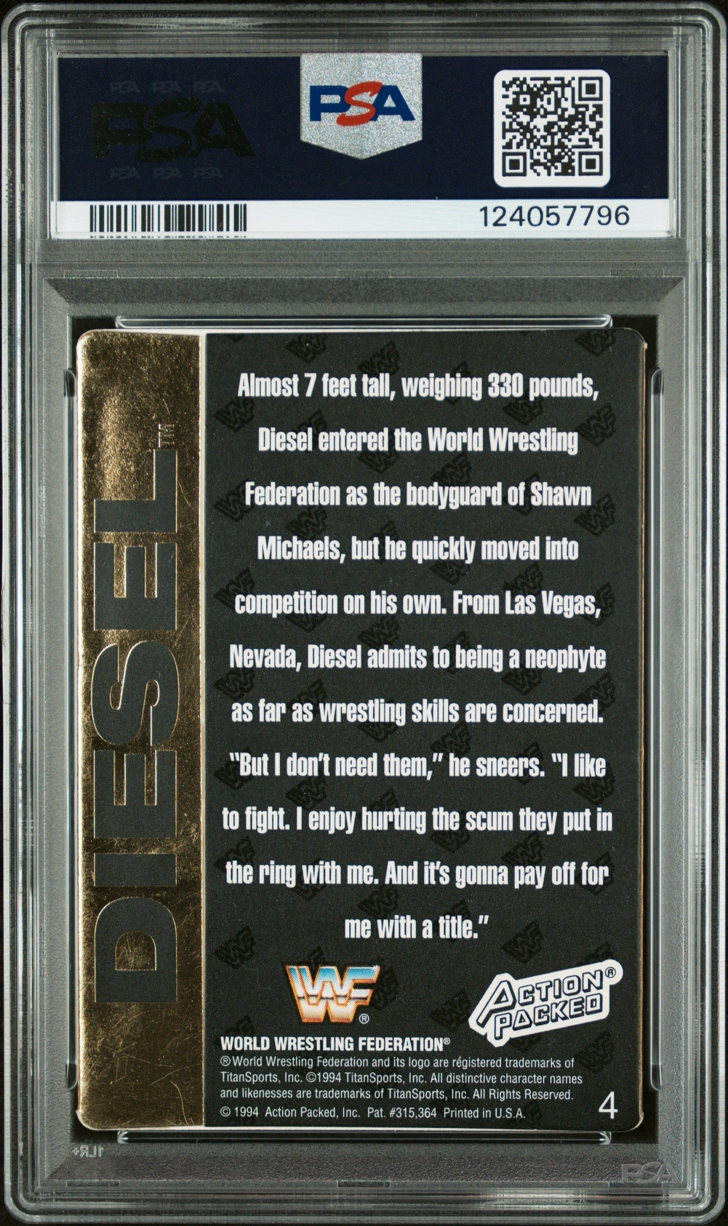 Graded 1994 Action Packed WWF Kevin Nash Diesel #4 Rookie RC Signed Wrestling Card PSA 7 Card - Auto Grade Authentic