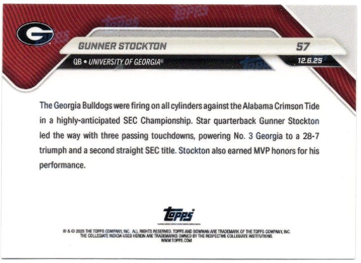 2025 Topps Bowman U Now Gunner Stockton #57 Orange Foil /25 Georgia Bulldogs Rookie RC Football Card