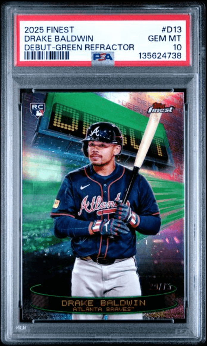 Graded 2025 Topps Finest Drake Baldwin #D13 Debut Green Refractor /75 Rookie RC Baseball Card PSA 10 Gem Mint