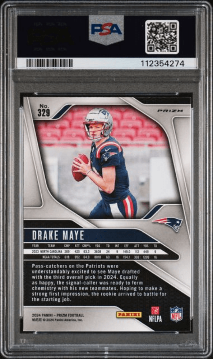 Graded 2024 Panini Prizm Drake Maye #329 Lazer Prizm Rookie RC Football Card PSA 10 Gem Mint