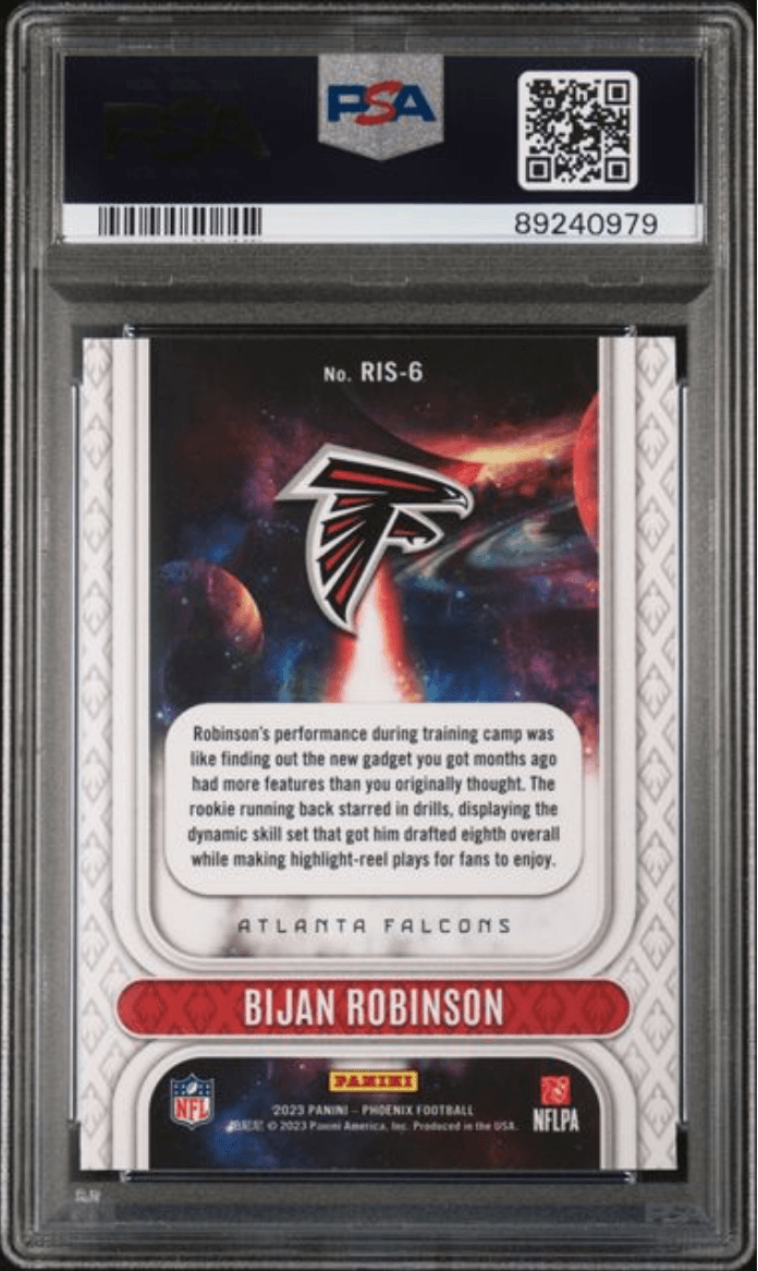Graded 2023 Panini Phoenix Bijan Robinson #RIS6 Rookie Rising White Shimmer Rookie RC Football Card PSA 10 Gem Mint