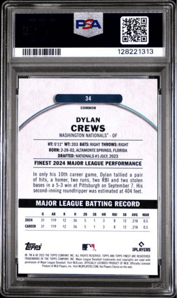 Graded 2025 Topps Finest Dylan Crews #34 Checkerboard Refractor Rookie RC Baseball Card PSA 10 Gem Mint