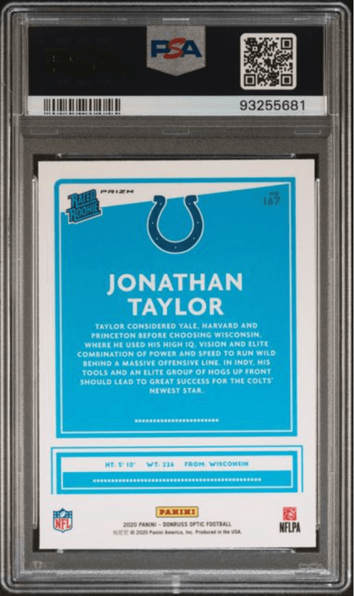 Graded 2020 Panini Donruss Optic Jonathan Taylor #167 Green Velocity Rookie RC Football Card PSA 10 Gem Mint