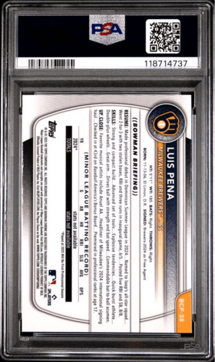 Graded 2025 Topps Bowman Mega Box Luis Pena #38 Prospects Rookie RC Baseball Card PSA 10 Gem Mint
