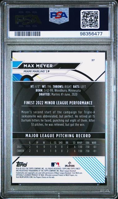 Graded 2023 Topps Finest Max Meyer #37 /125 Green Speckle Rookie RC Baseball Card PSA 10 Gem Mint