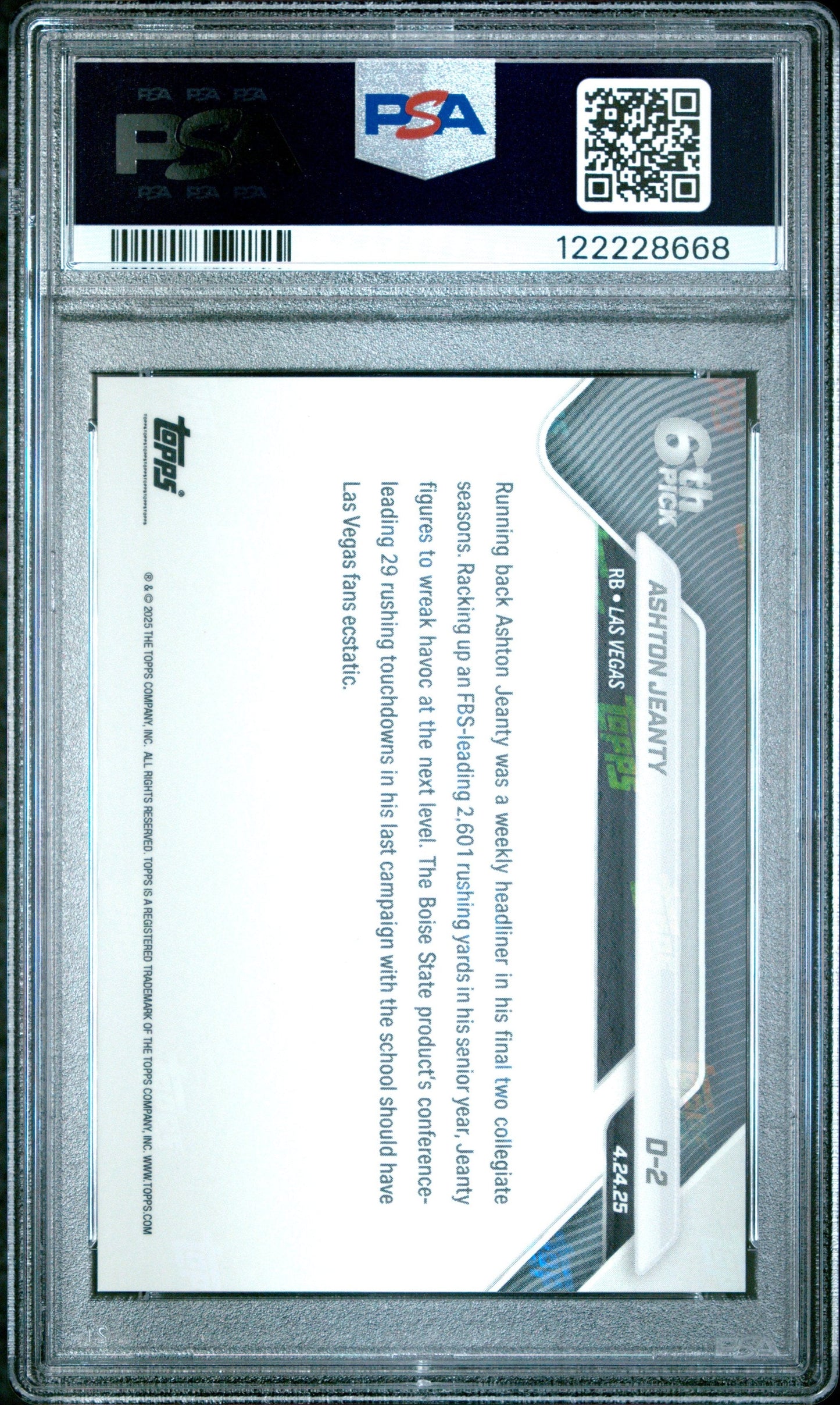 Graded 2025 Topps Now Ashton Jeanty #D2 Rookie RC Football Card PSA 9 Mint