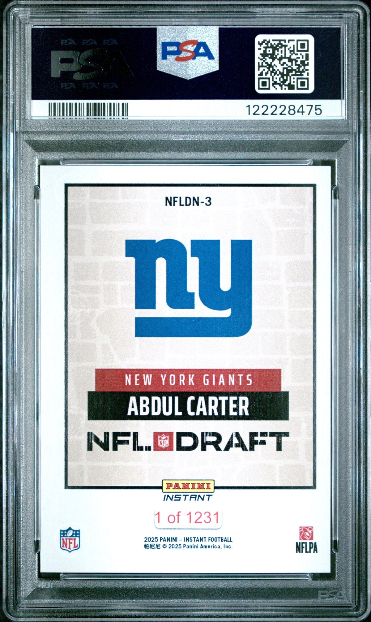Graded 2025 Panini Instant Abdul Carter #NFLDN3 NFL Draft Night Rookie RC Football Card PSA 10 Gem Mint