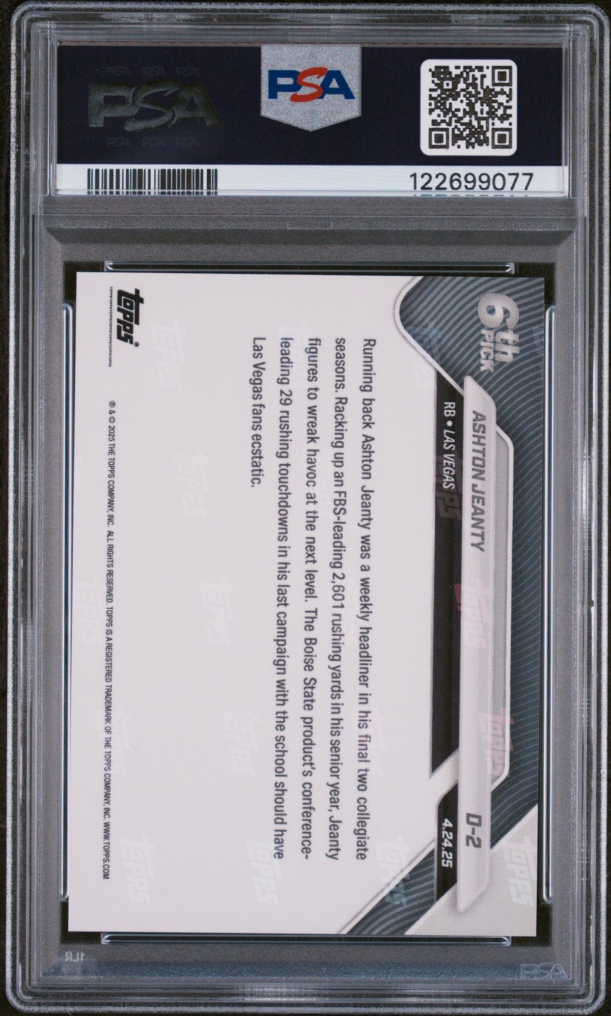 Graded 2025 Topps Now Ashton Jeanty #D2 Record Setting RB Selected 6th Overall Rookie RC Football Card PSA 10 Gem Mint