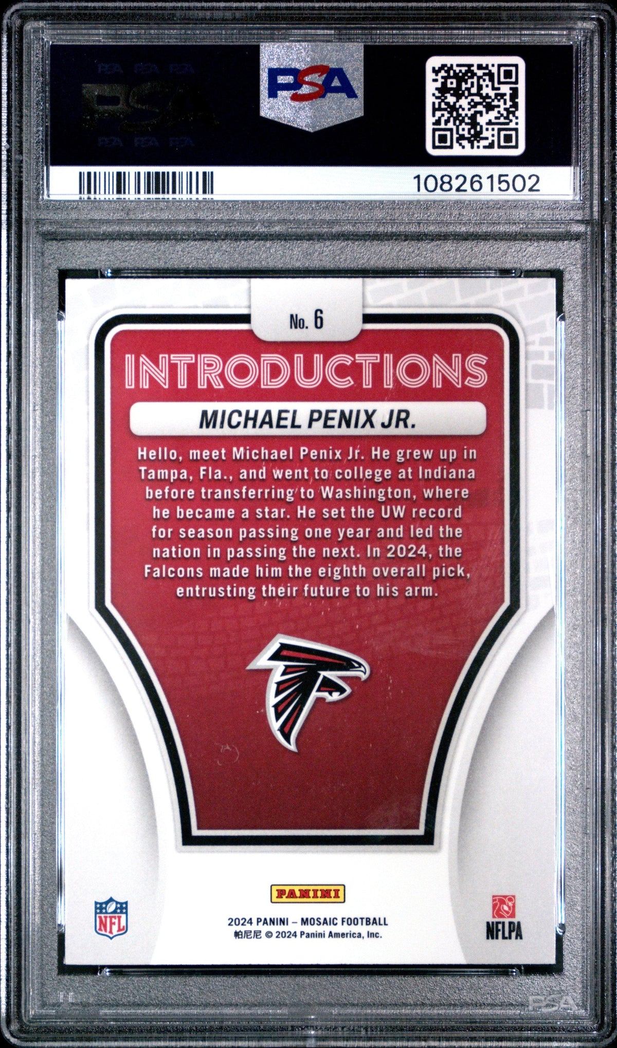 Graded 2024 Panini Mosaic Michael Penix Jr #6 Introductions Rookie RC Football Card PSA 10 Gem Mint