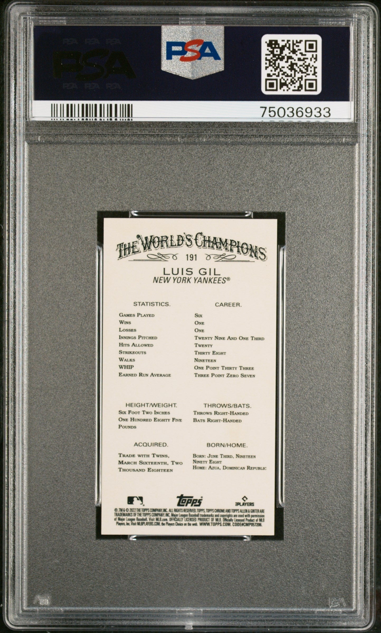 Graded 2022 Topps Allen & Ginter Chrome Luis Gil #191 Mini Rookie RC Baseball Card PSA 10 Gem Mint