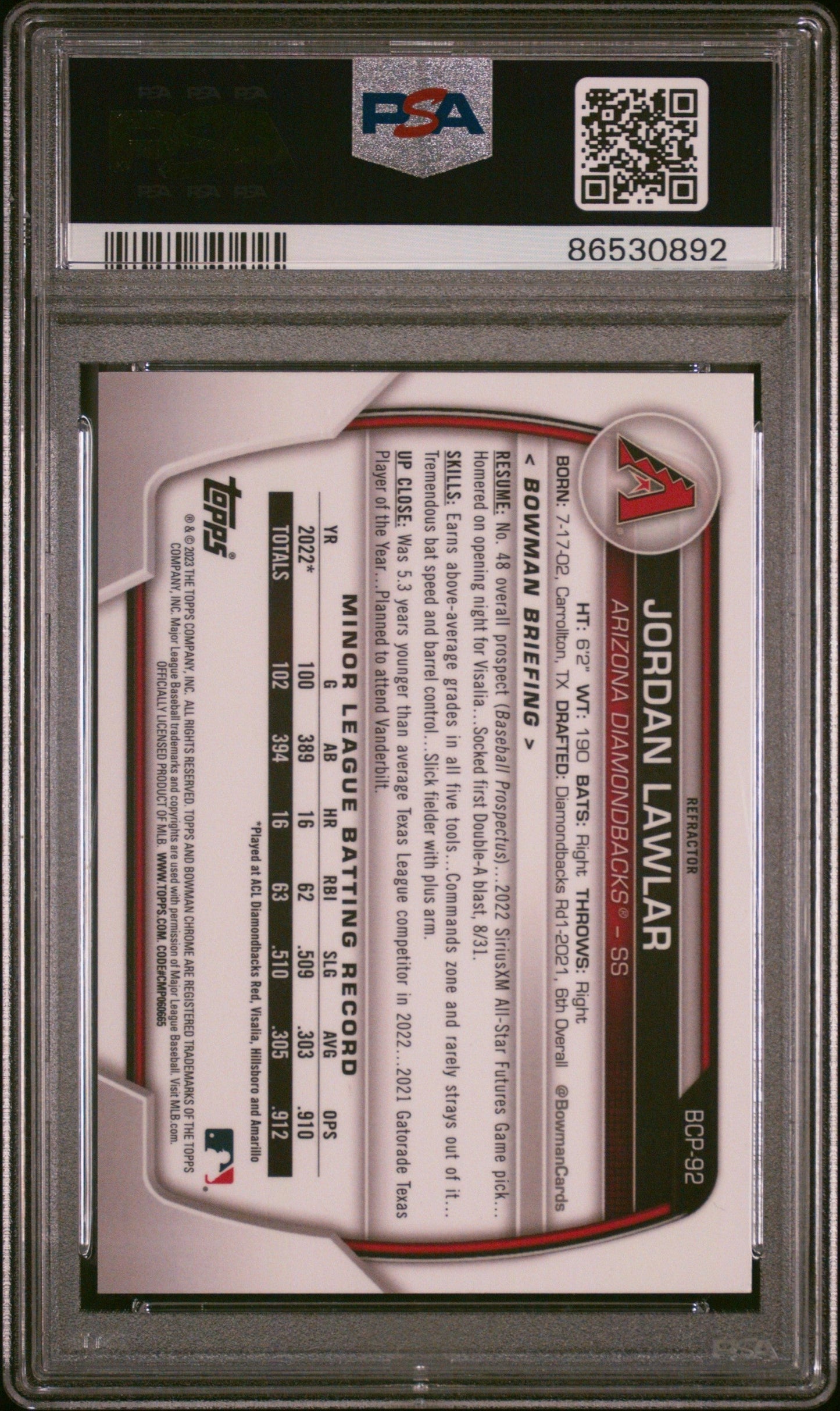 Graded 2023 Topps Bowman Jordan Lawler #BCP92 Chrome Prospects Refractor /499 Rookie RC Baseball Card PSA 10 Gem Mint