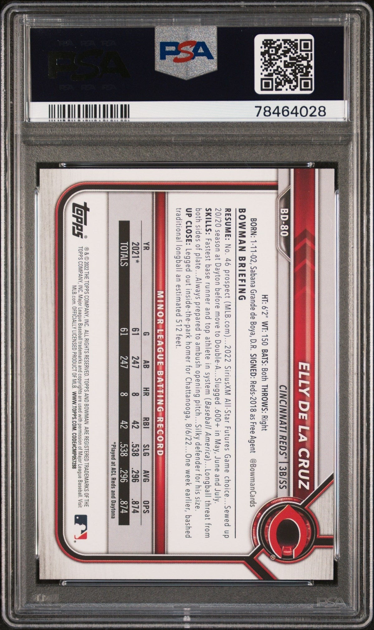 Graded 2022 Topps Bowman Draft Elly De La Cruz #BD80 Rookie RC Baseball Card PSA 10 Gem Mint