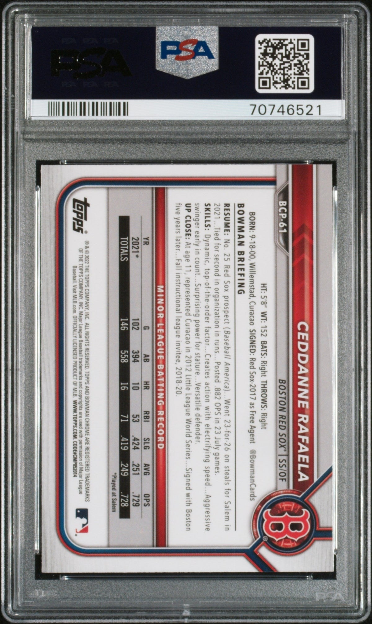 Graded 2022 Topps Bowman Mega Box Ceddanne Rafaela #BCP61 Rookie RC Baseball Card PSA 10 Gem Mint