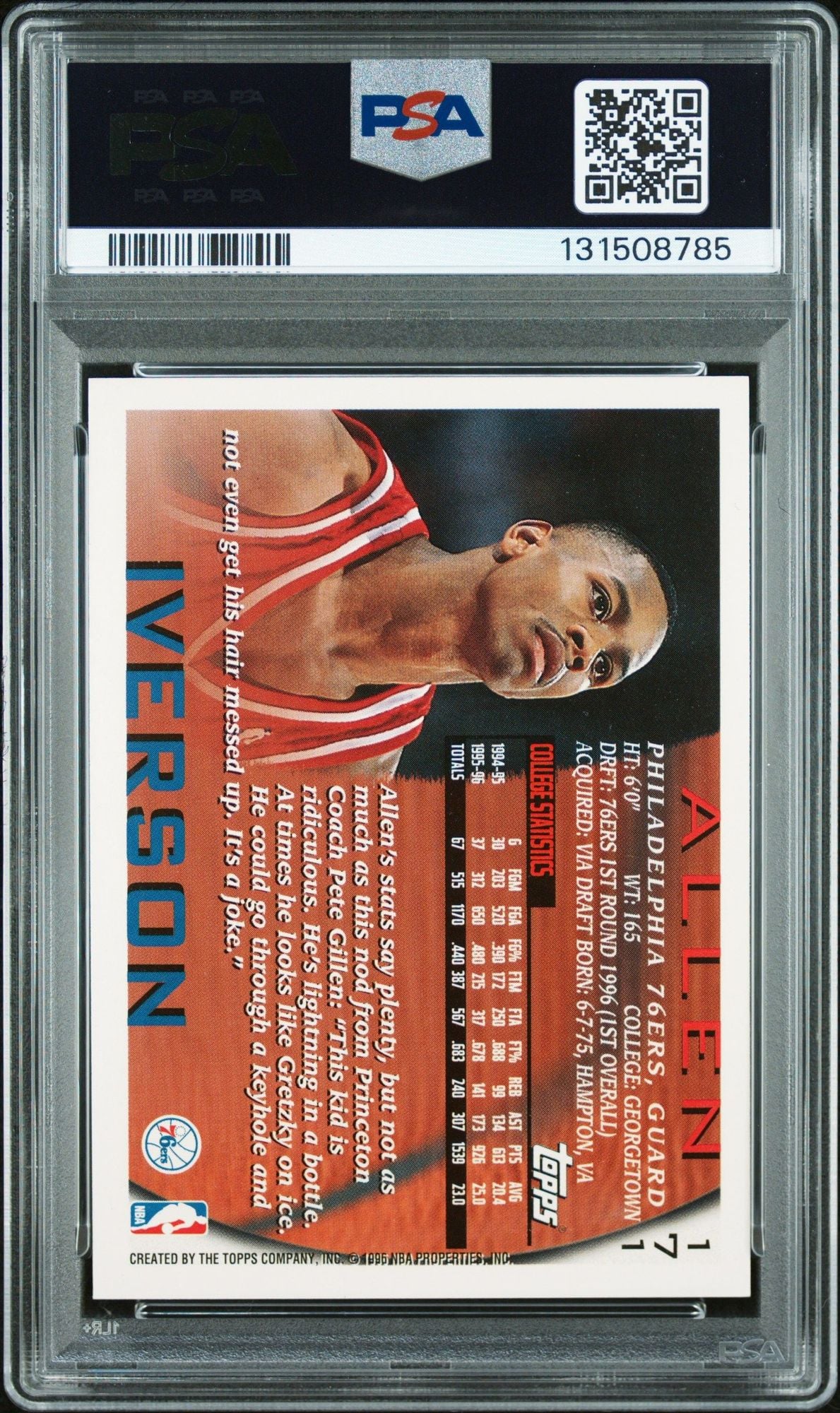 Graded 1996 Topps Allen Iverson #171 Rookie RC Basketball Card PSA 10 Auto Grade Gem Mint