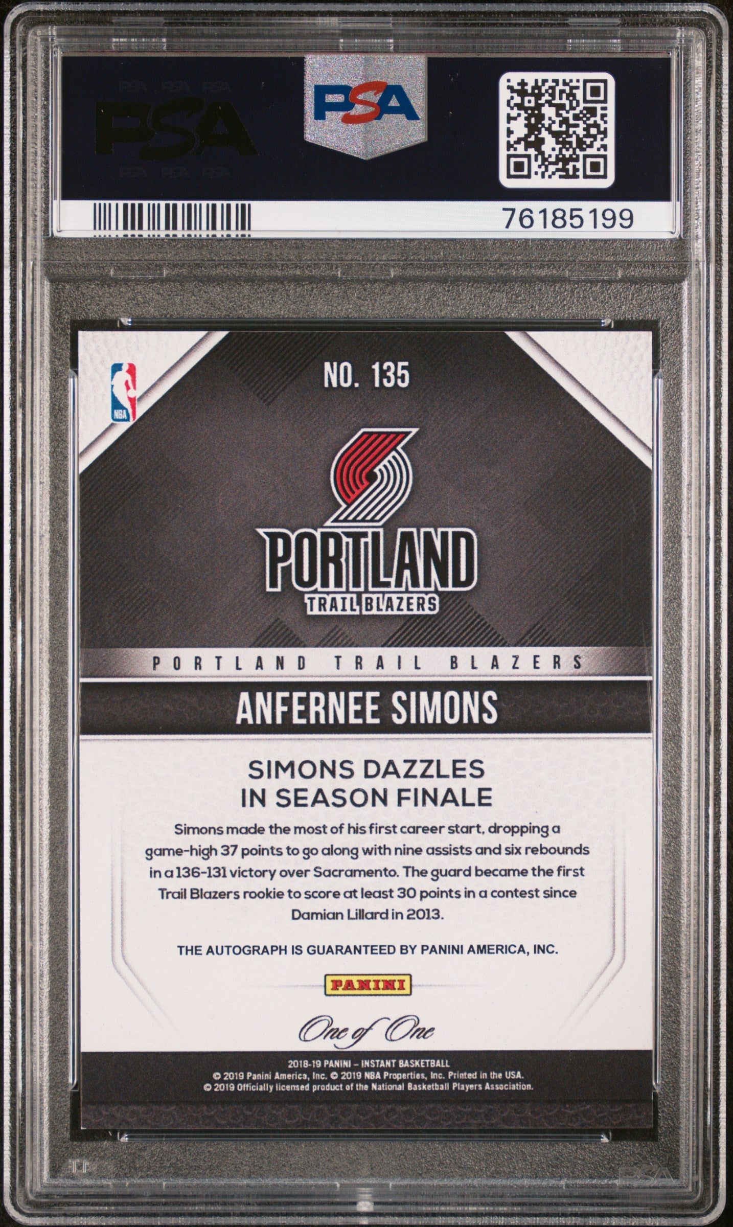 2018 Panini Instant #135 Anfernee Simons Autograph-Black 1/1 PSA 8