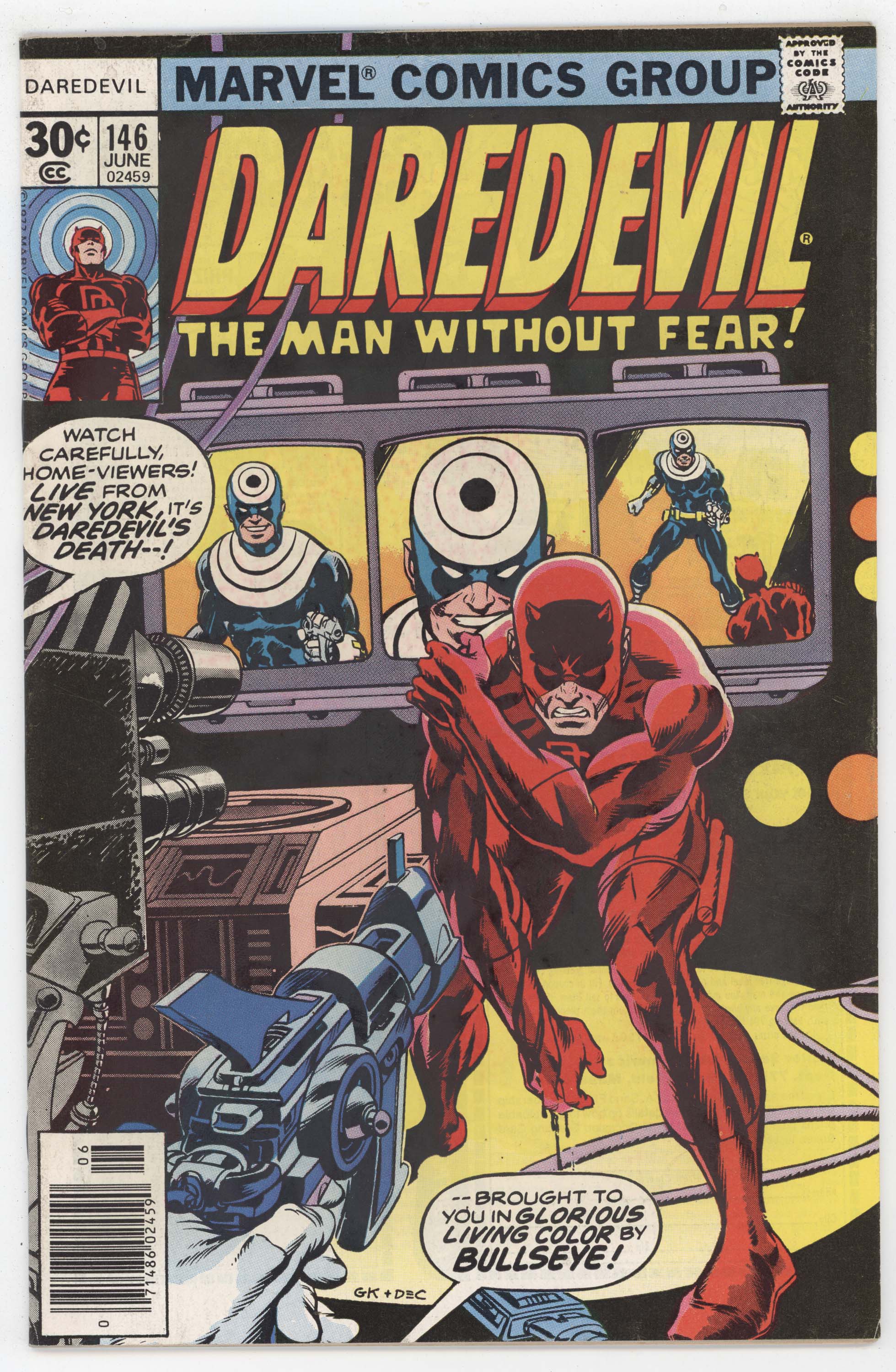 Daredevil 146 Marvel 1977 VF Bullseye Gun TV Studio Camera Gil Kane