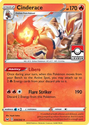 Cinderace (Pokemon League) 034/202 - League & Championship Cards Reverse Holofoil