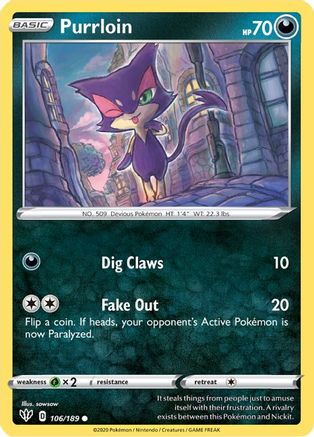 Purrloin 106/189 - SWSH03 Darkness Ablaze Reverse Holofoil