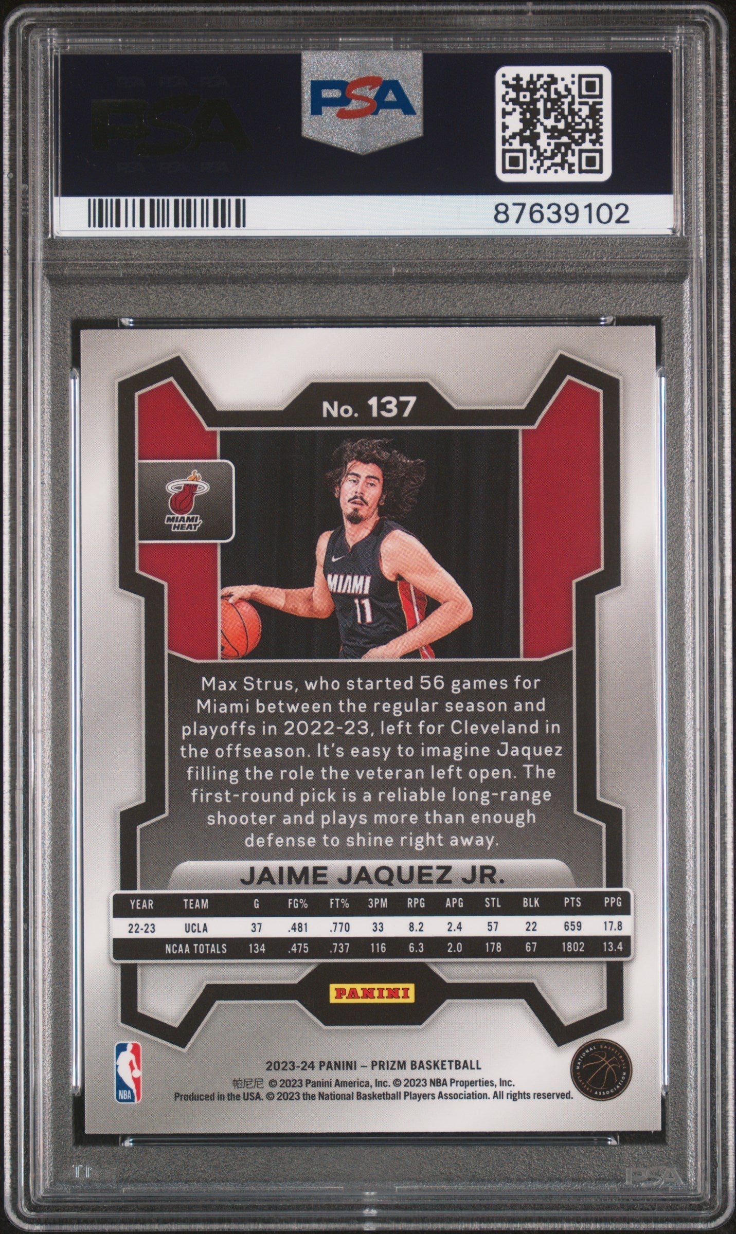 Graded 2023 Panini Prizm Jaime Jaquez Jr #137 Rookie RC Basketball Card PSA 10 Gem Mint