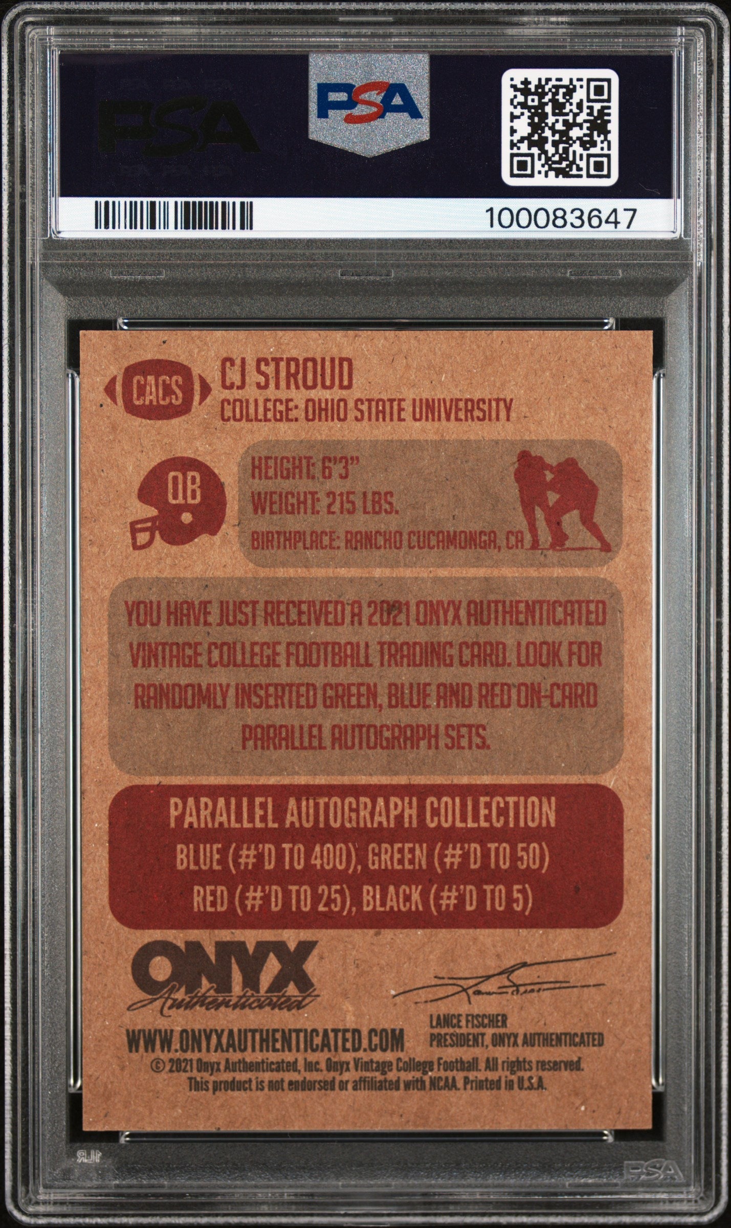 Cj Stroud 2021 Onyx Vintage College #CACS College Auto-Blue PSA 10