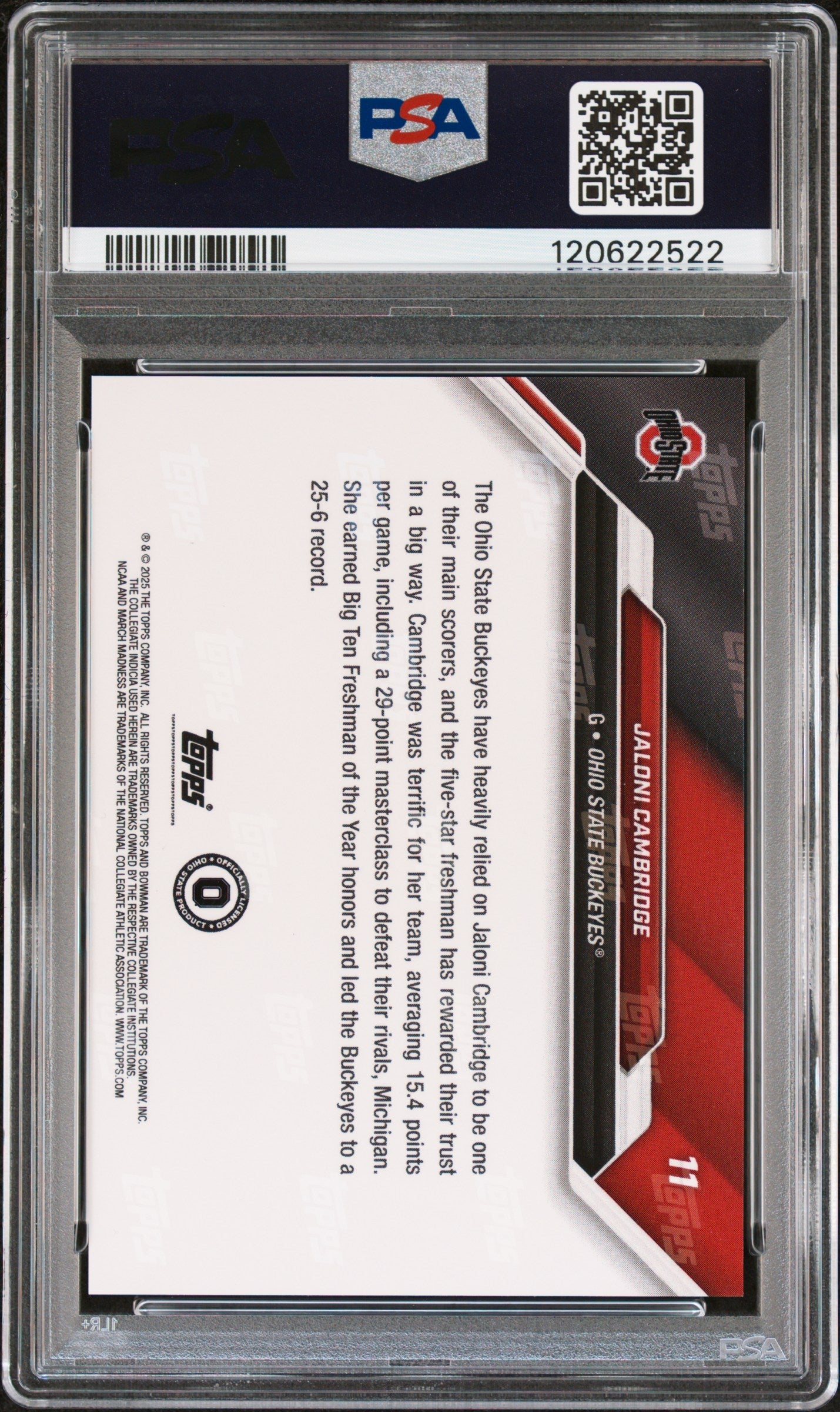 Graded 2025 Topps Bowman U Now Jaloni Cambridge #11 March Madness Black Rookie RC Basketball Card PSA 9 Mint