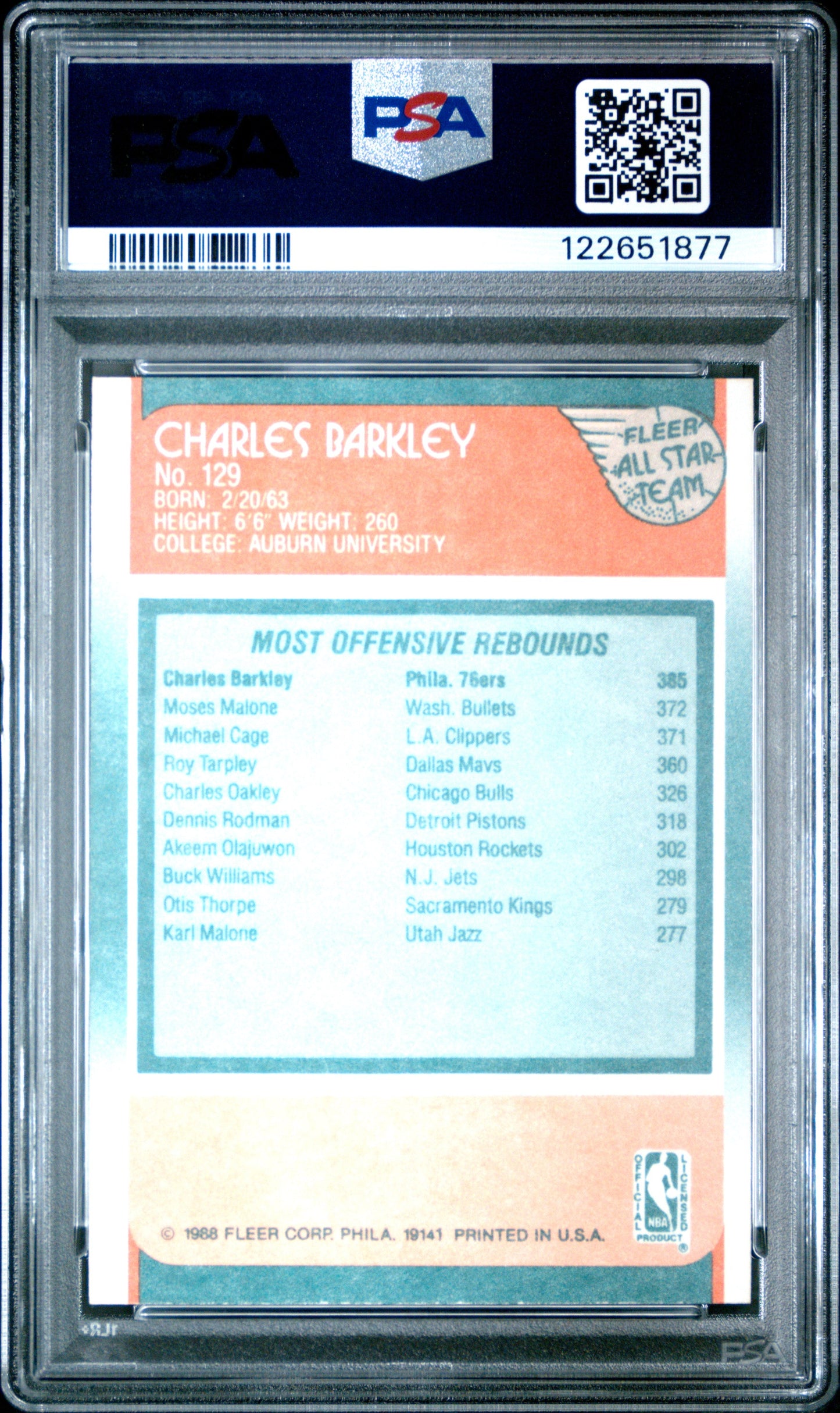 Graded 1988-89 Fleer Charles Barkley #129 Basketball Card PSA 8 Near Mint