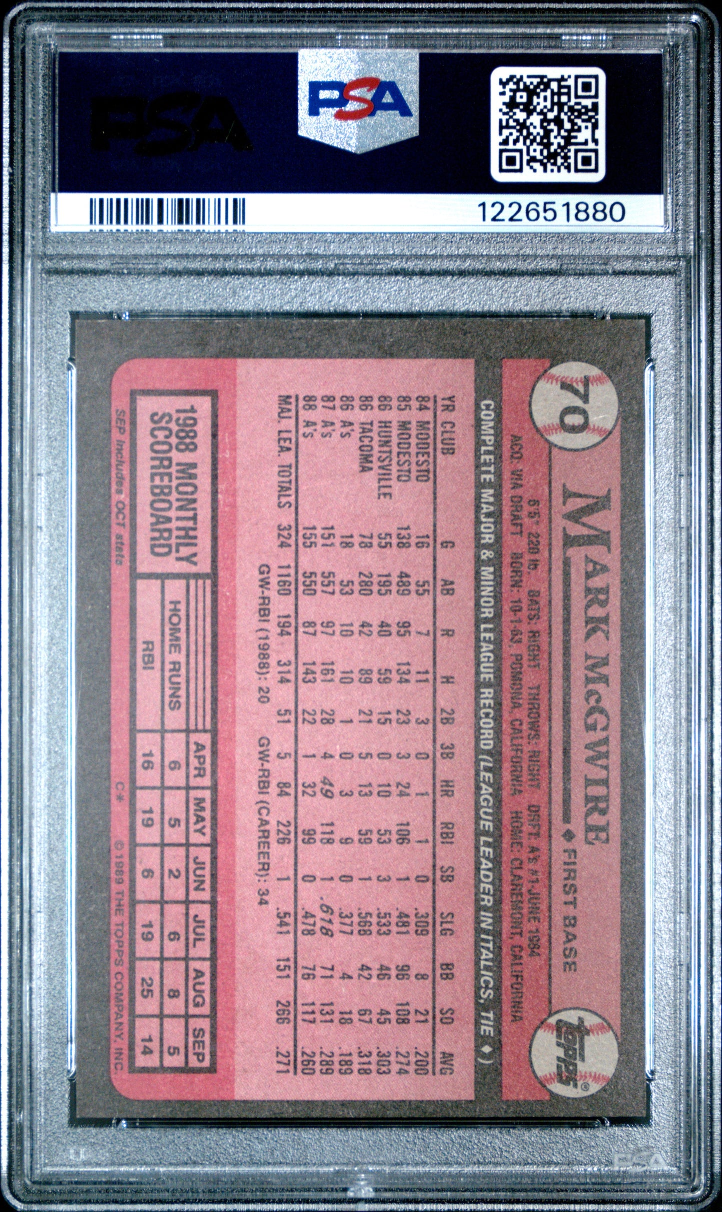 Graded 1989 Topps Mark McGwire #70 Baseball Card PSA 8 Near Mint