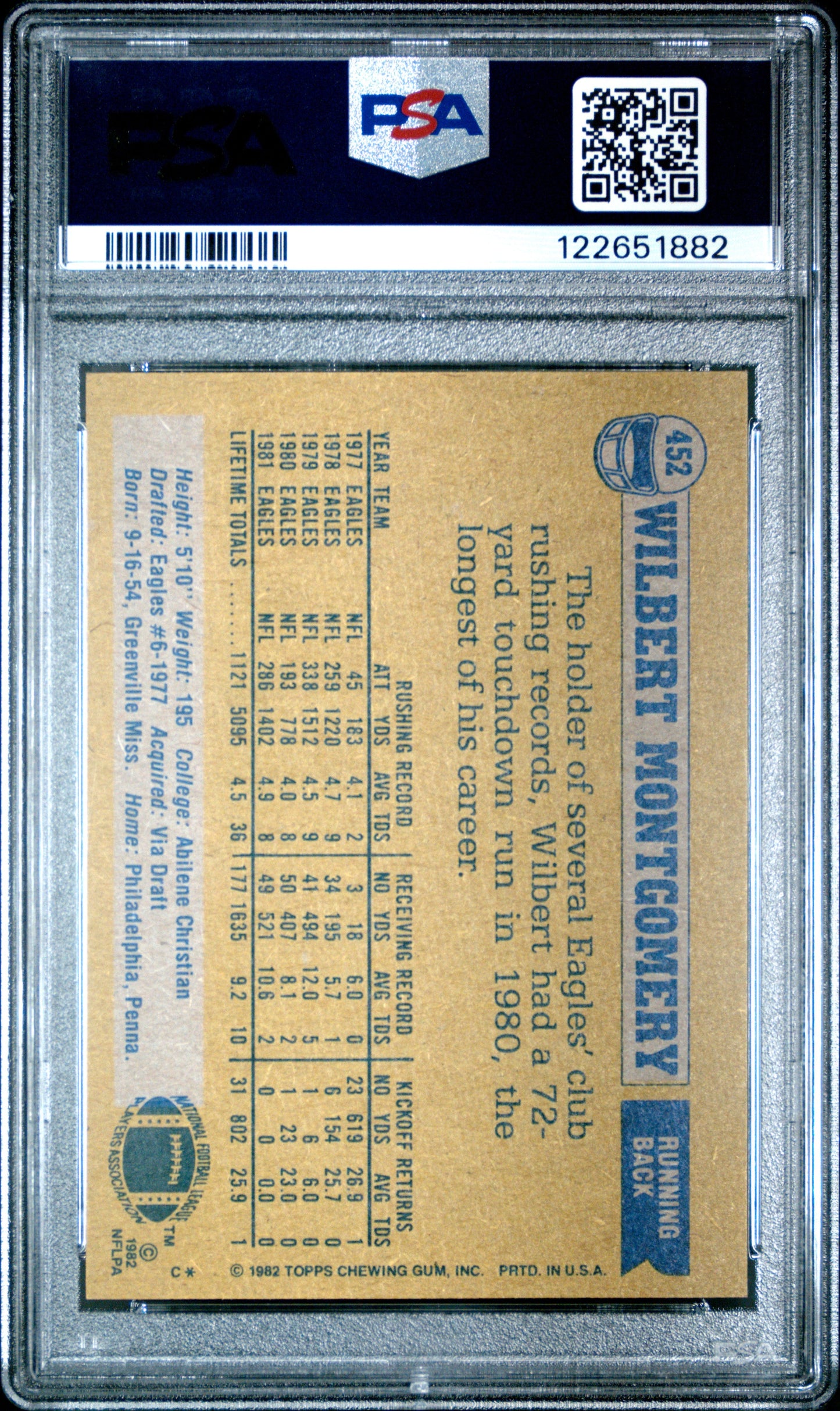 Graded 1982 Topps Wilbert Montgomery #452 Football Card PSA 7 Near Mint