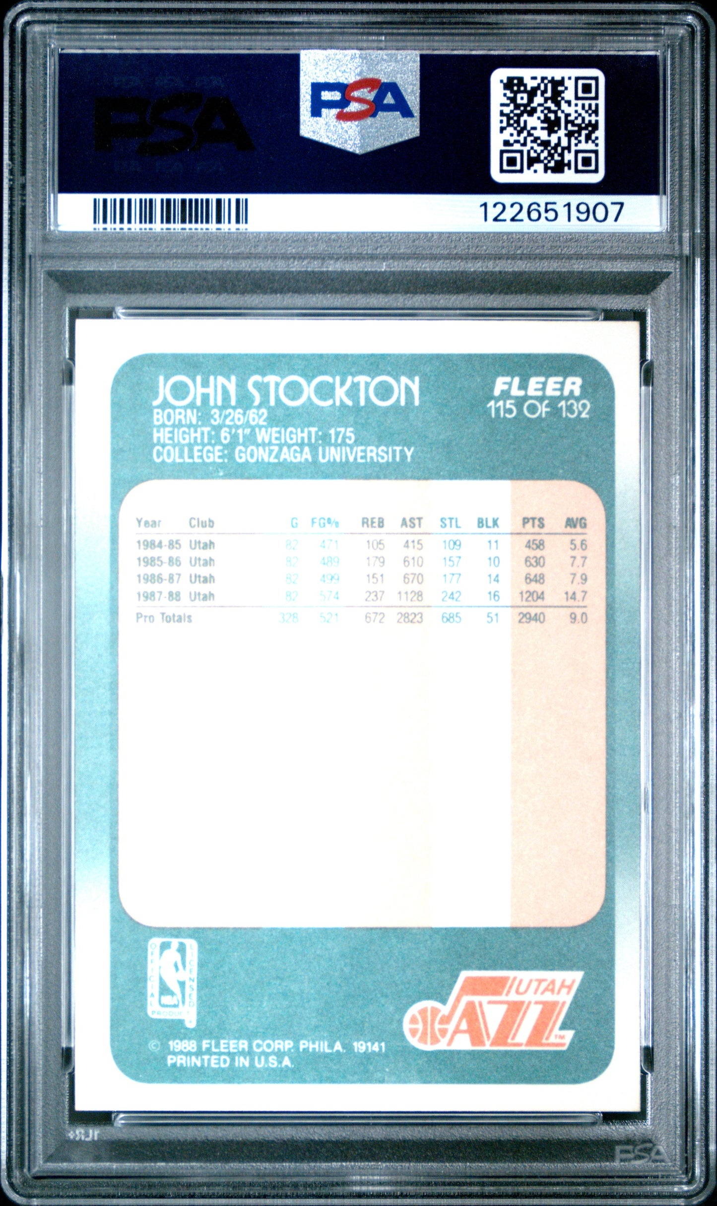 Graded 1988-89 Fleer John Stockton #115 Rookie RC Basketball Card PSA 8 Near Mint