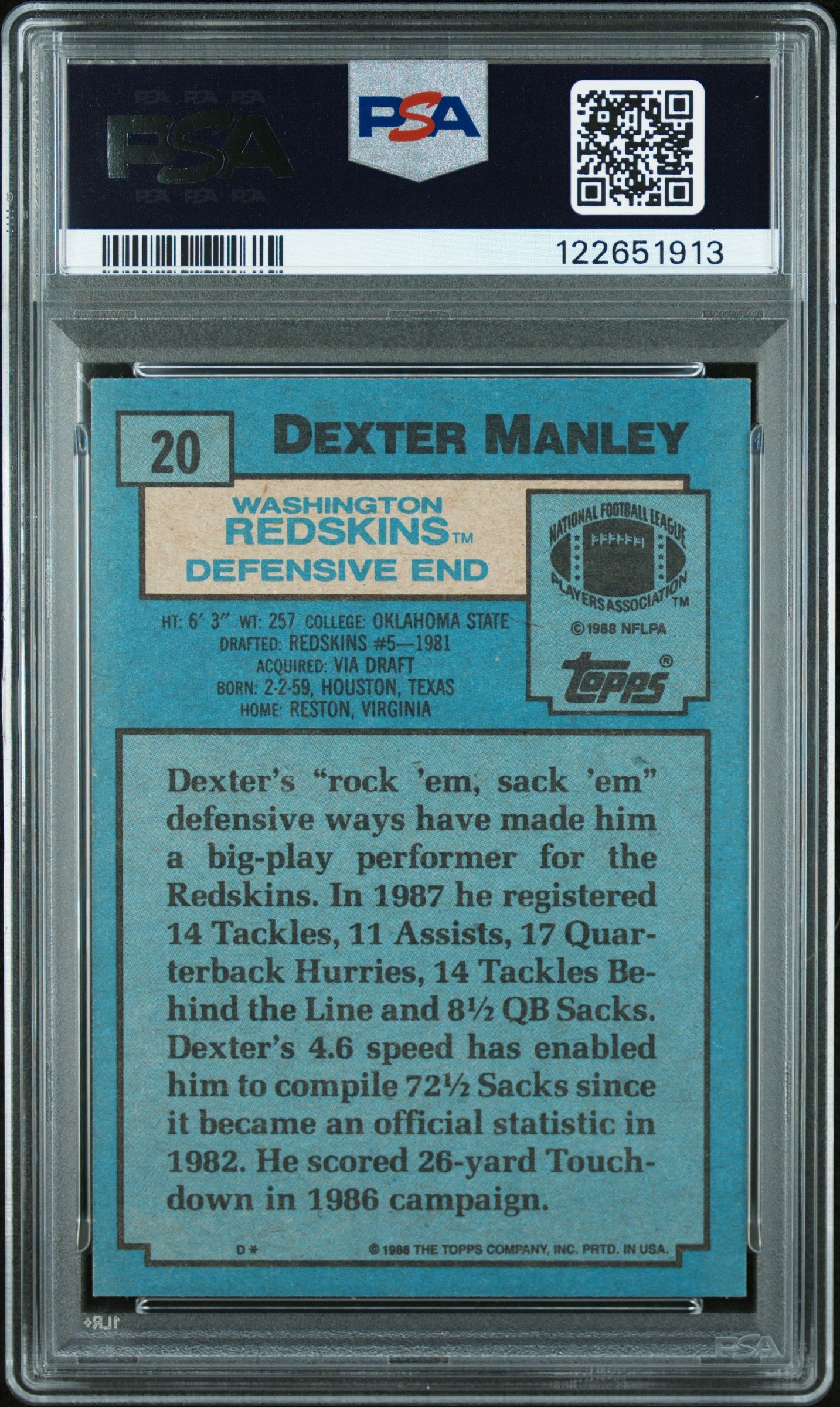 Graded 1988 Topps Dexter Manley #20 Football Card PSA 8 Near Mint
