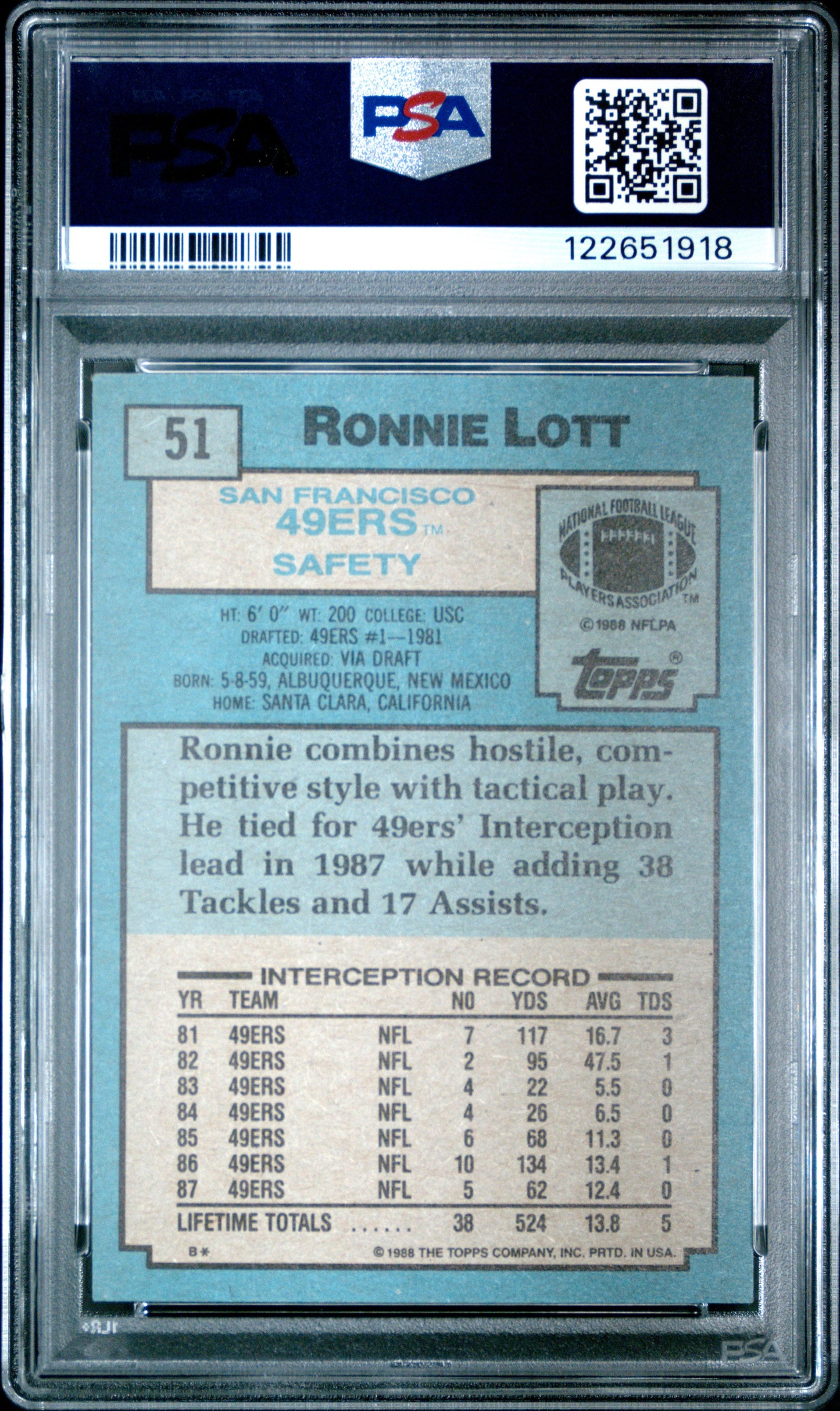 Graded 1988 Topps Ronnie Lott #51 Football Card PSA 8 Near Mint