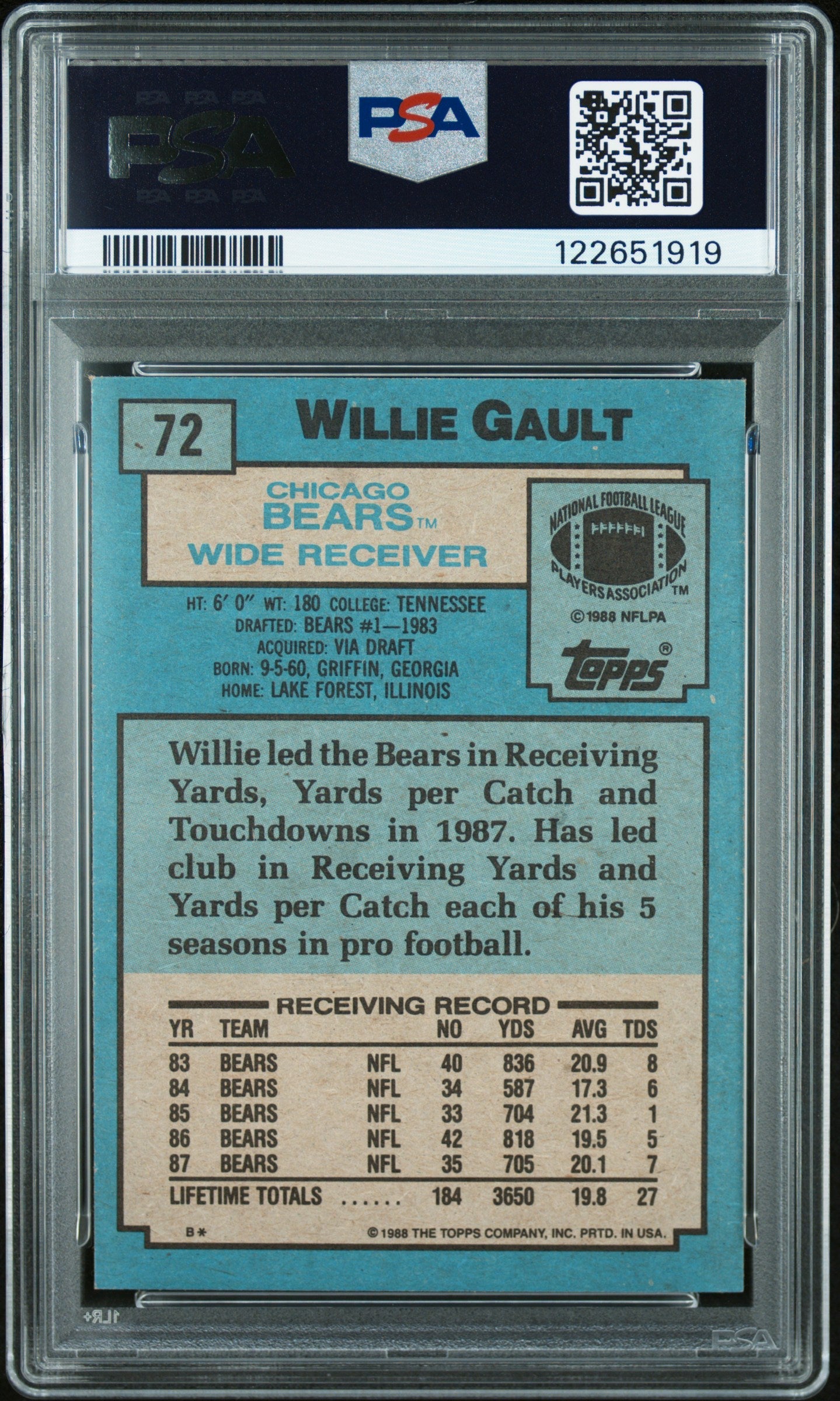 Graded 1988 Topps Willie Gault #72 Football Card PSA 8 Near Mint