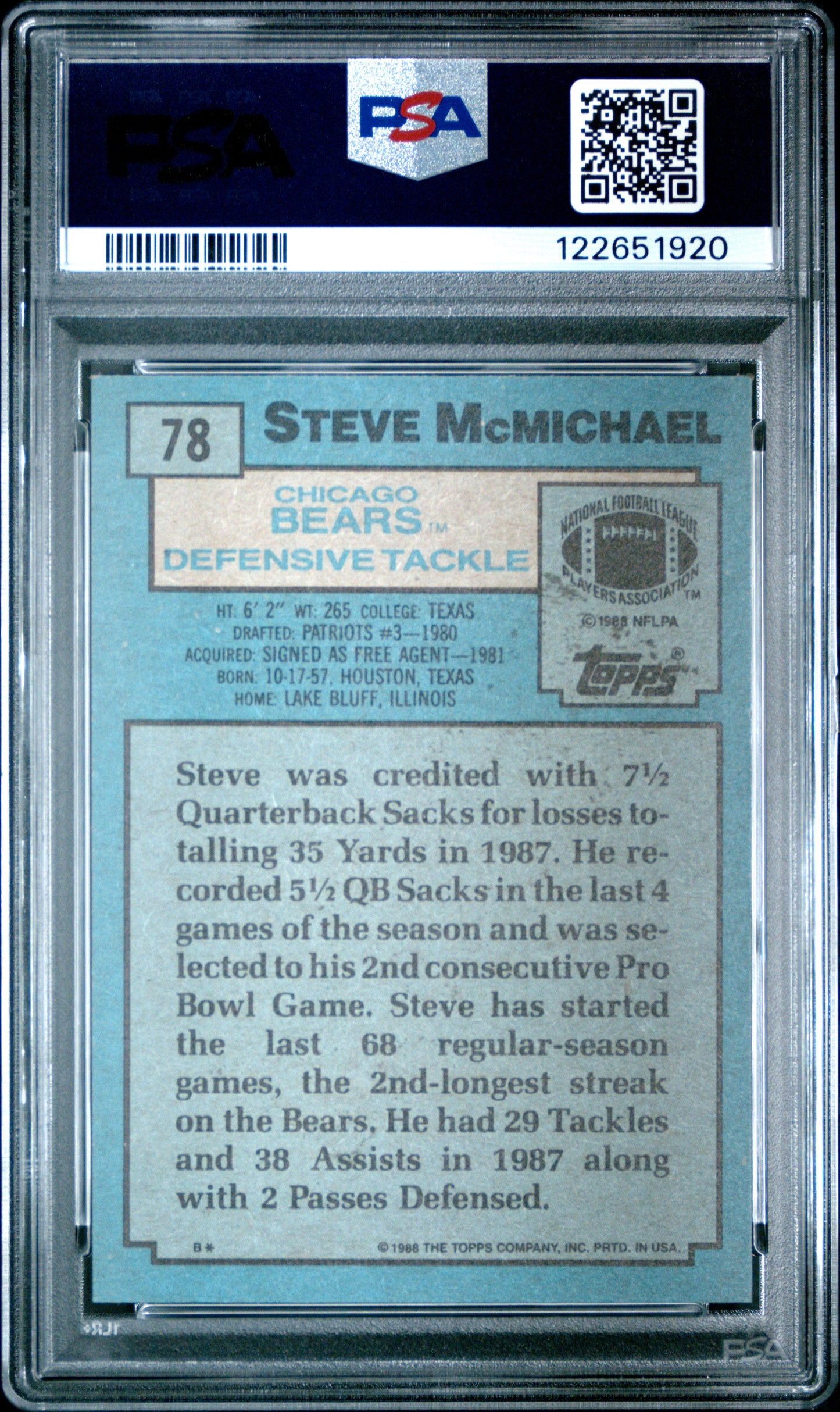 Graded 1988 Topps Steve McMichael #78 Football Card PSA 7 Near Mint