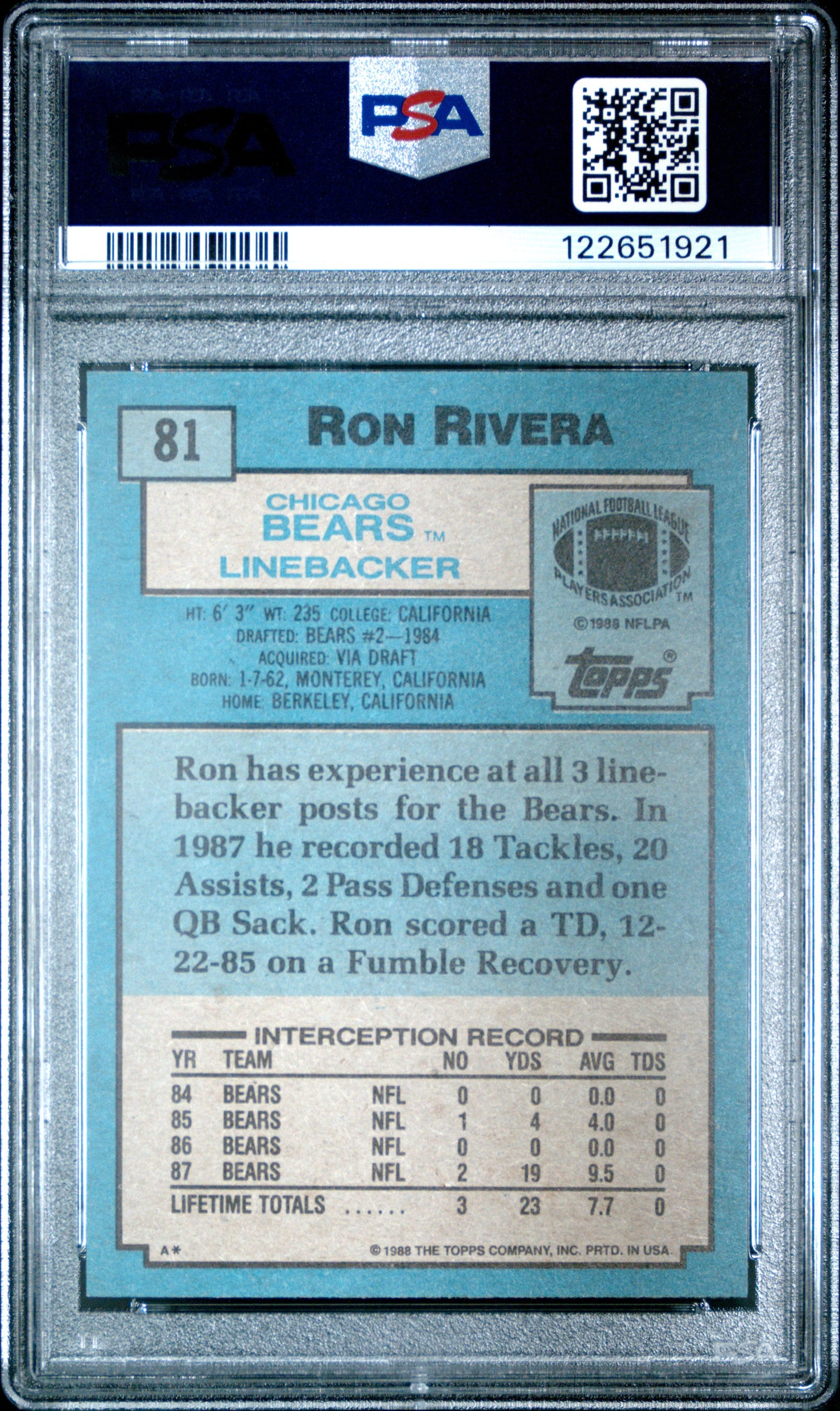 Graded 1988 Topps Ron Rivera #81 Rookie RC Football Card PSA 6 Excellent