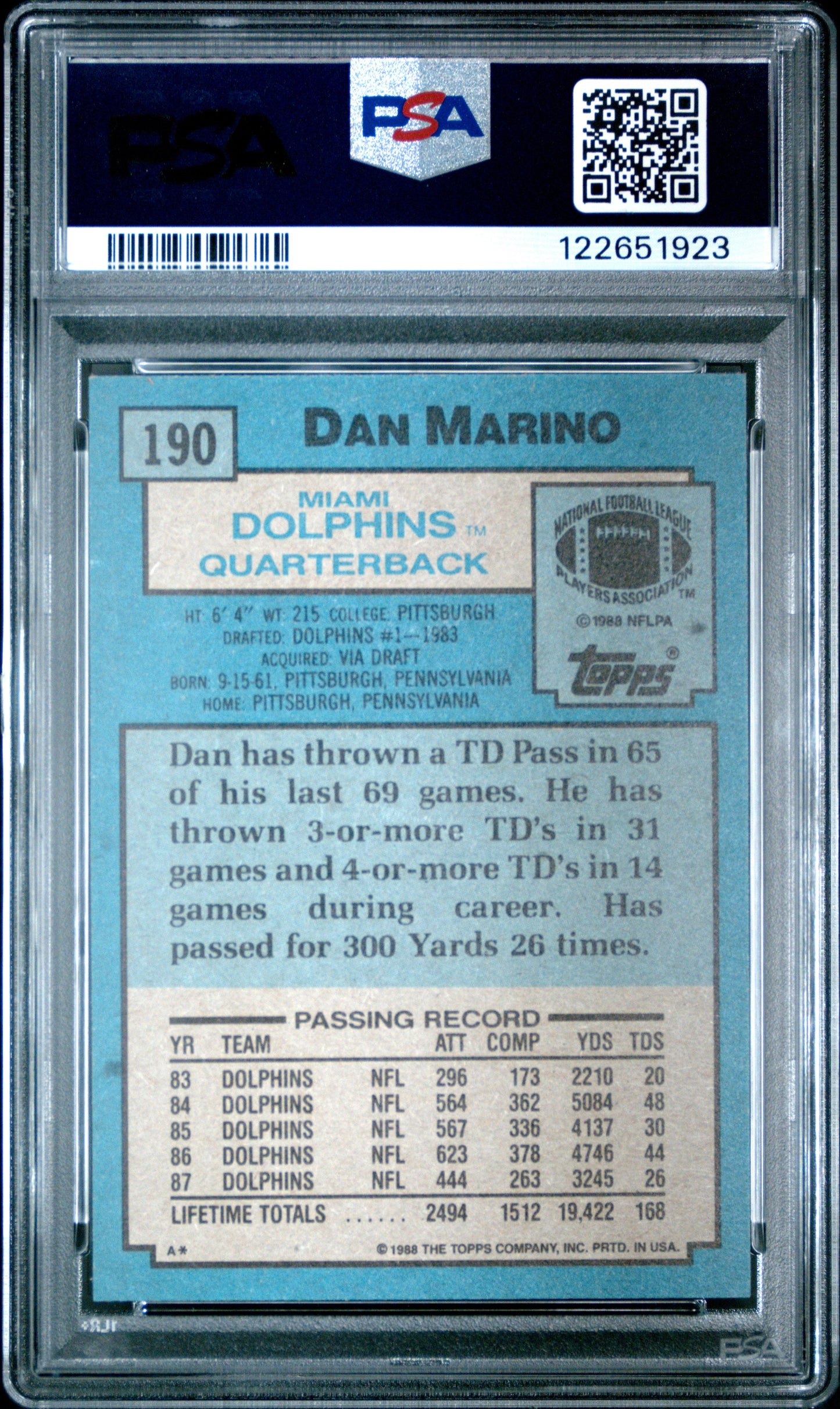Graded 1988 Topps Dan Marino #190 Football Card PSA 8 Near Mint