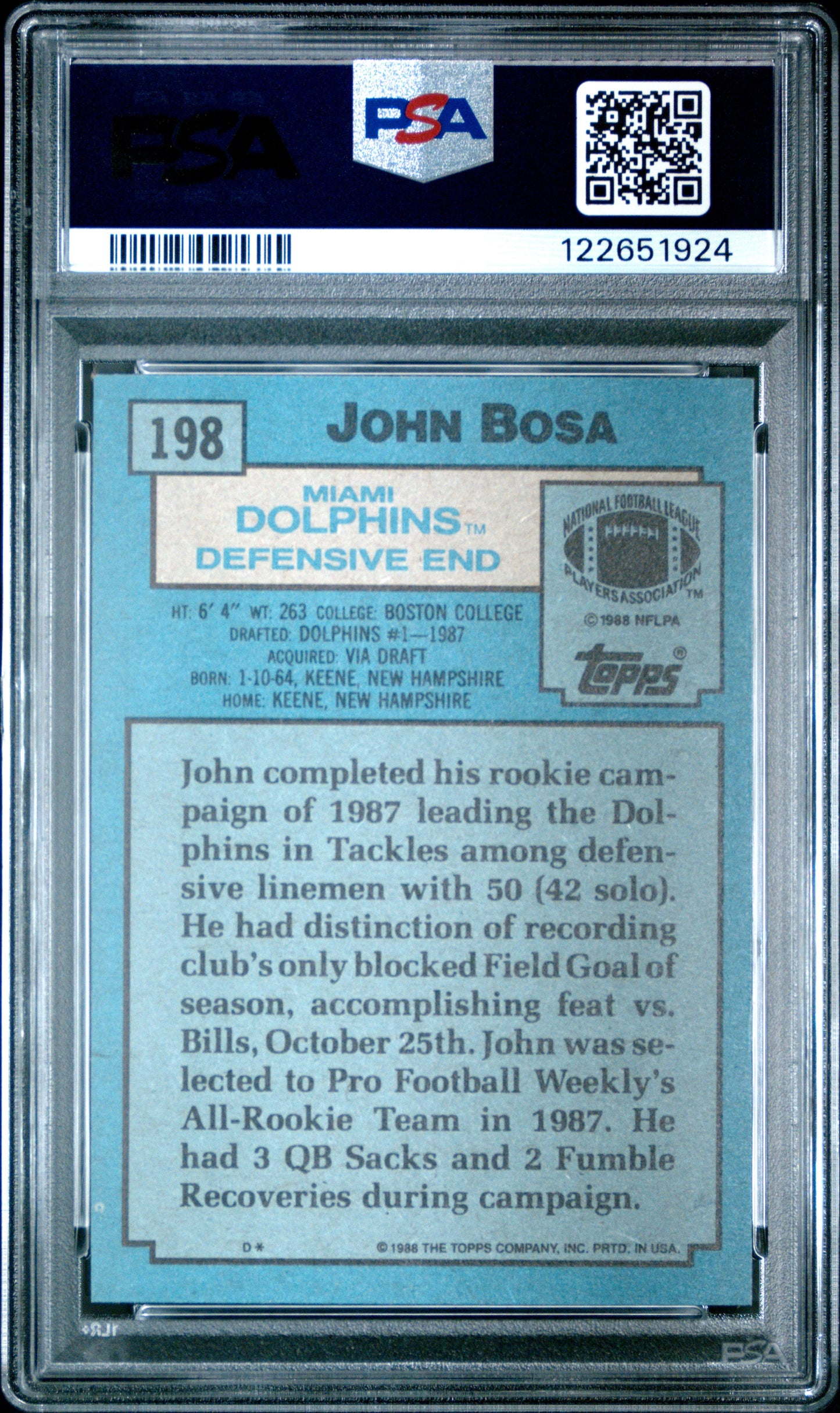 Graded 1988 Topps John Bosa #198 Rookie RC Football Card PSA 8 Near Mint