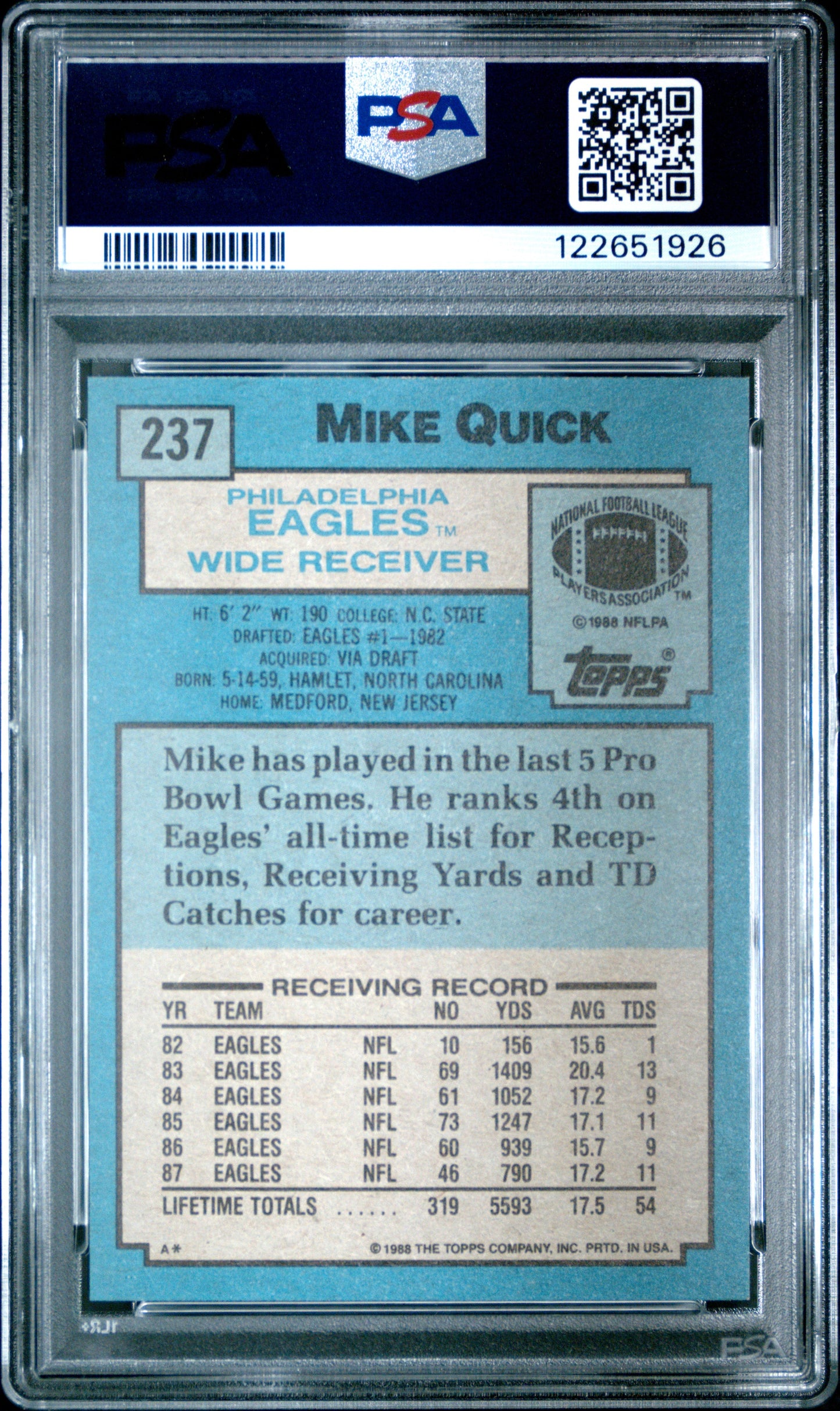 Graded 1988 Topps Mike Quick #237 Football Card PSA 8 Near Mint