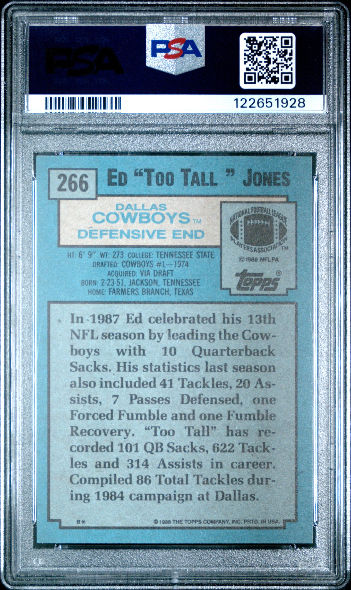 Graded 1988 Topps Ed "Too Tall" Jones #266 Football Card PSA 8 Near Mint