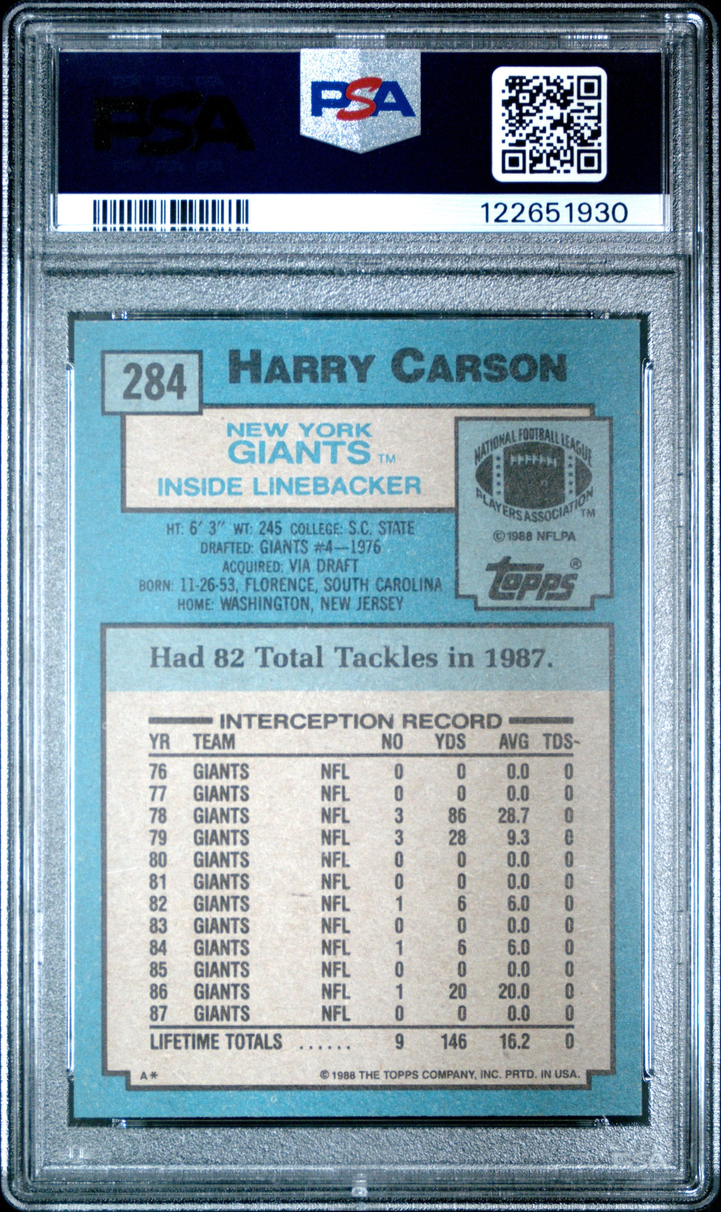 Graded 1988 Topps Harry Carson #284 Football Card PSA 8 Near Mint