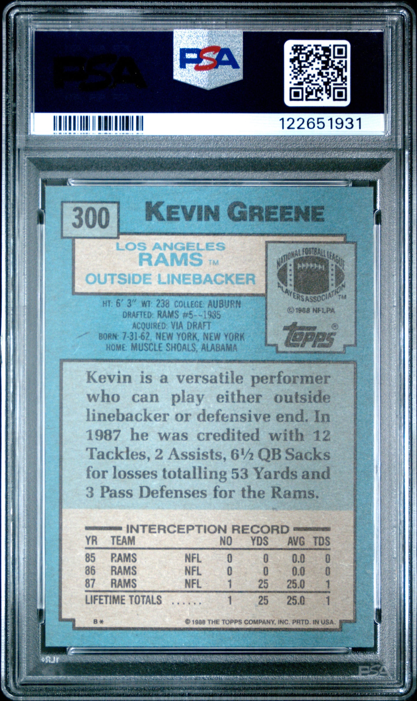 Graded 1988 Topps Kevin Greene #300 Rookie RC Football Card PSA 9 Mint