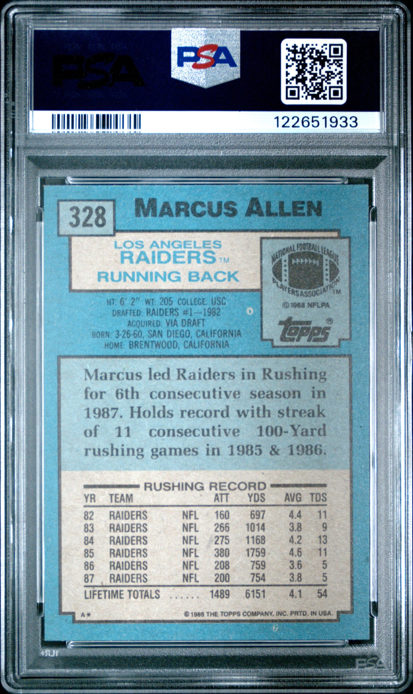 Graded 1988 Topps Marcus Allen #328 Football Card PSA 9 Mint