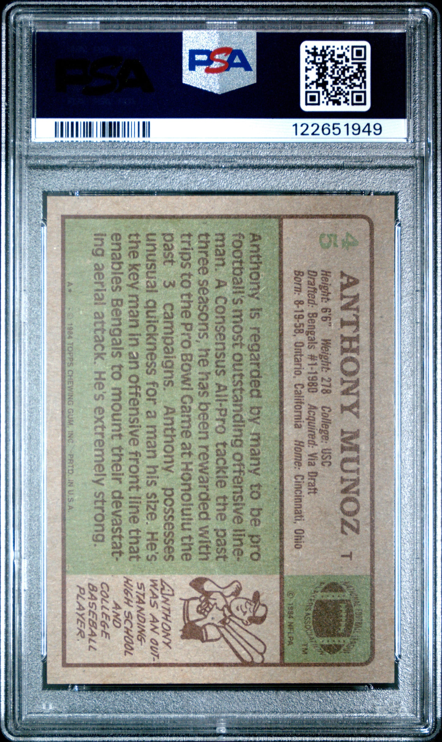 Graded 1984 Topps Anthony Munoz #45 Football Card PSA 8 Near Mint