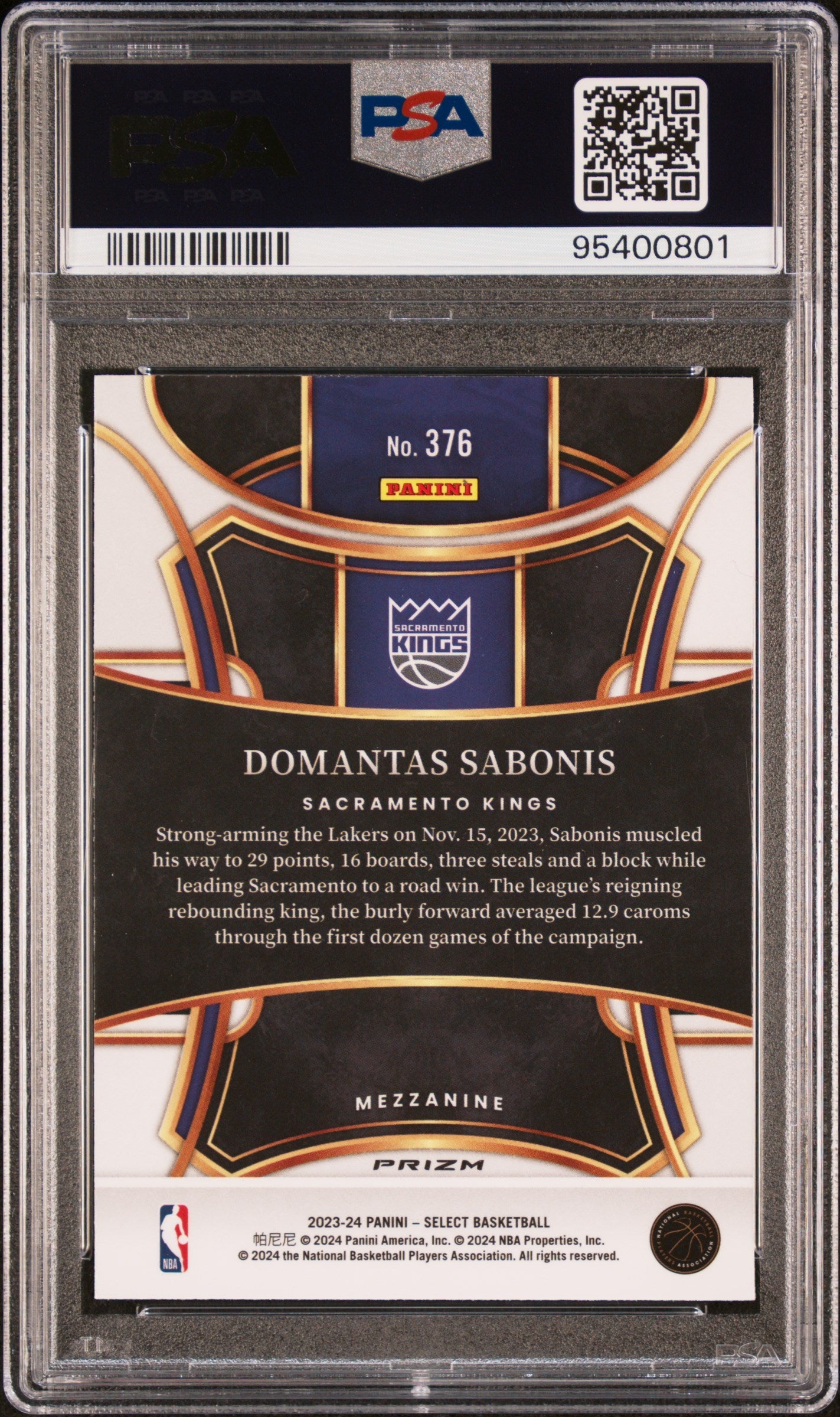 2023 Panini Select Zebra Prizm Domantas Sabonis 10 PSA #376