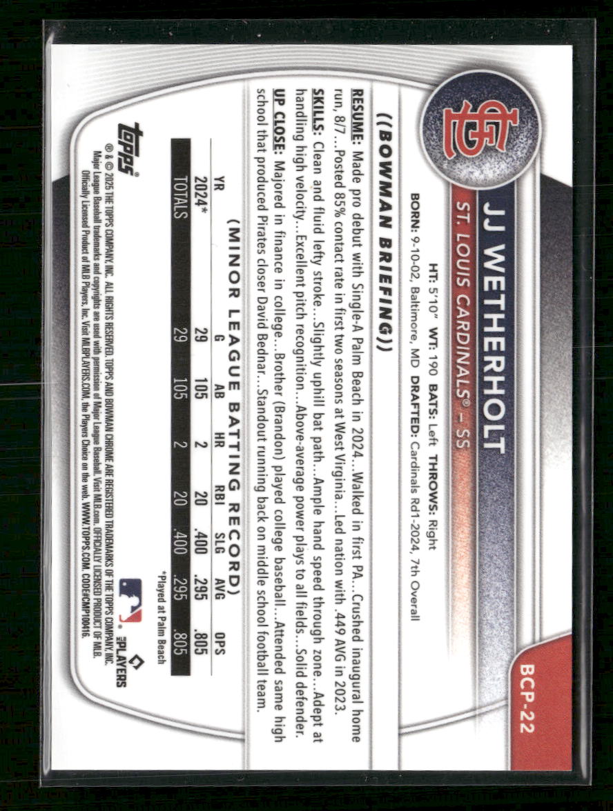 2025 Bowman Chrome Prospects Blue Lava Refractor JJ Wetherholt #/150 #BCP-22