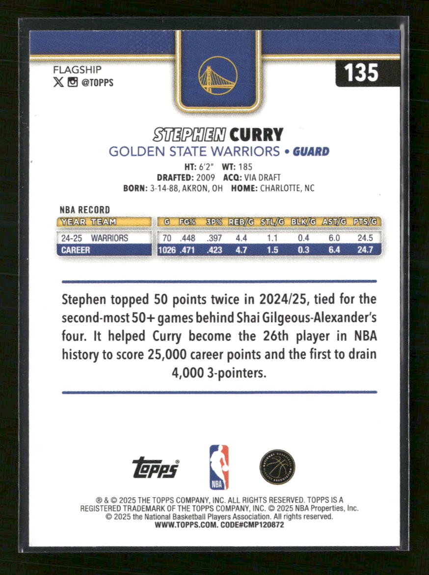 2025-26 Topps Gold Stephen Curry #/2025 #135