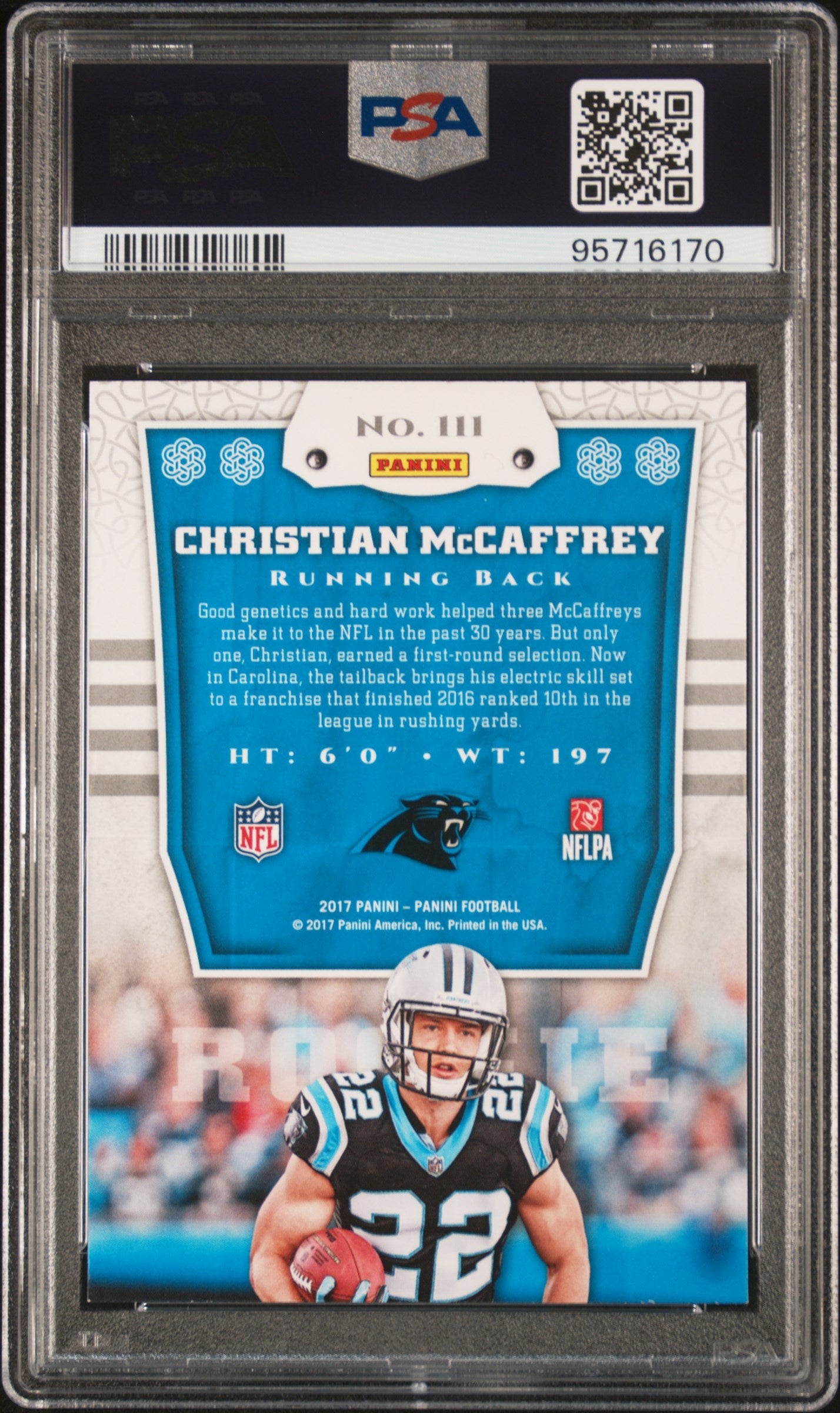 Graded 2017 Panini Christian McCaffrey #111 Knights Templar Rookie RC Football Card PSA 9 Mint