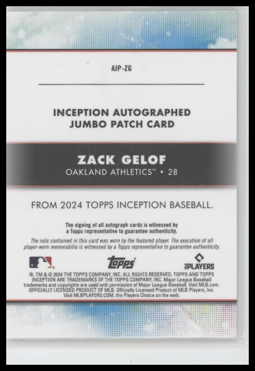 2024 Topps Inception Autographed Jumbo Patch Aqua Zack Gelof #/50 Auto #AJP-ZG