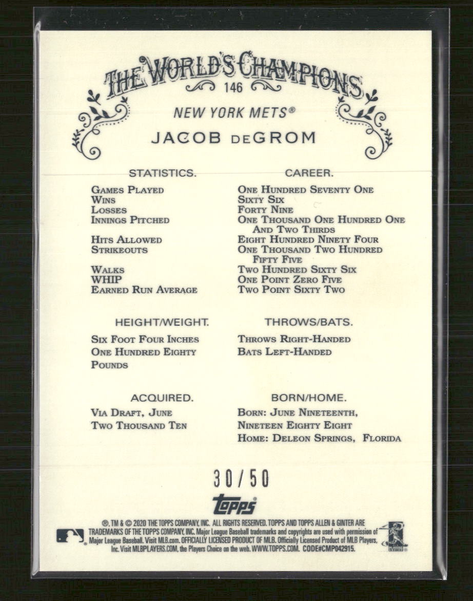 2020 Topps Allen & Ginter Gold Refractor #/50 Jacob DeGrom #146 - Golden Apple Comics