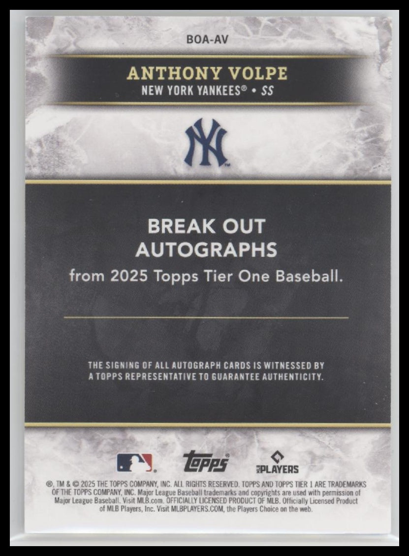 2025 Topps Tier One Break Out Autographs Anthony Volpe #/99 Auto #BOA-AV - Golden Apple Comics