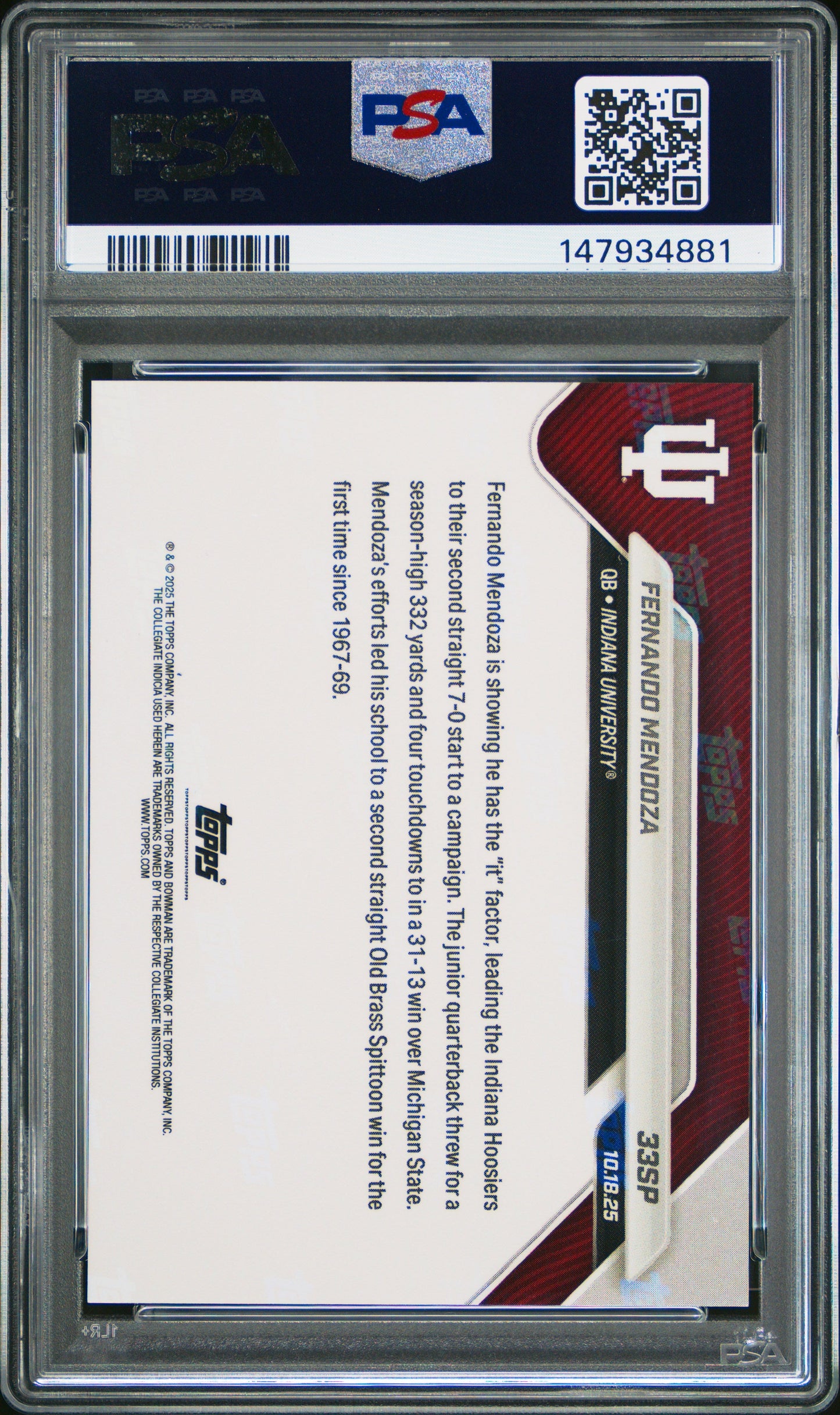 Graded 2025 Topps Bowman U Now Fernando Mendoza #33SP Rookie RC Football Card PSA 9 Mint